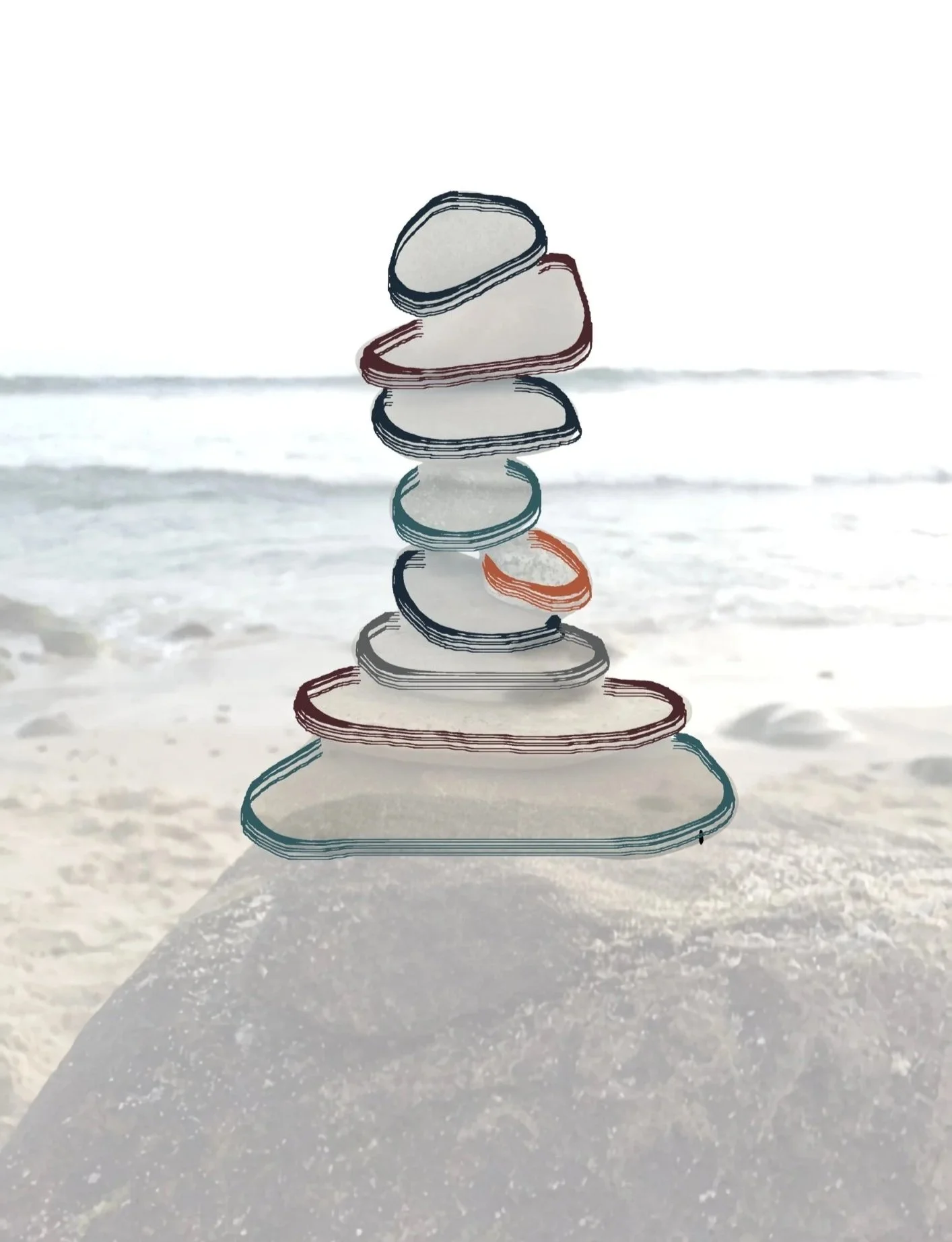 Stack of flat stones painted with colorful outlines, balanced on a sandy surface near the ocean.