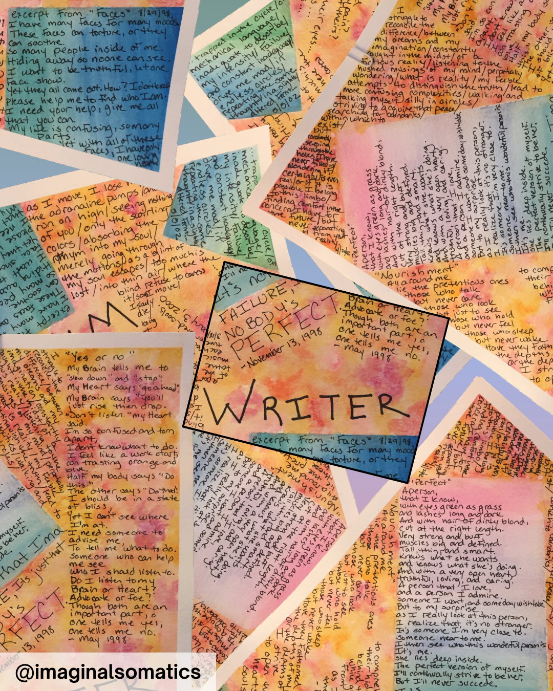 Collage of colorful handwritten notes and quotes about self-reflection and personal growth, with a central focus on a card that reads 'WRITER' and 'FALLURE NO BODY'S PERFECT' dated November 13, 1996.