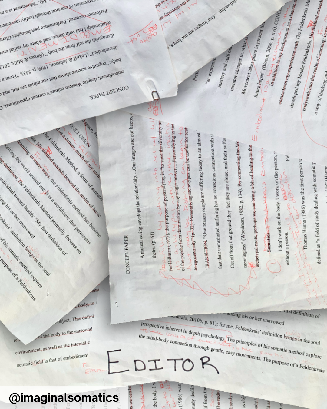 Scattered crumpled printed pages with handwritten red notes and a paperclip, featuring the handwritten word 'EDITOR' in black ink at the bottom.