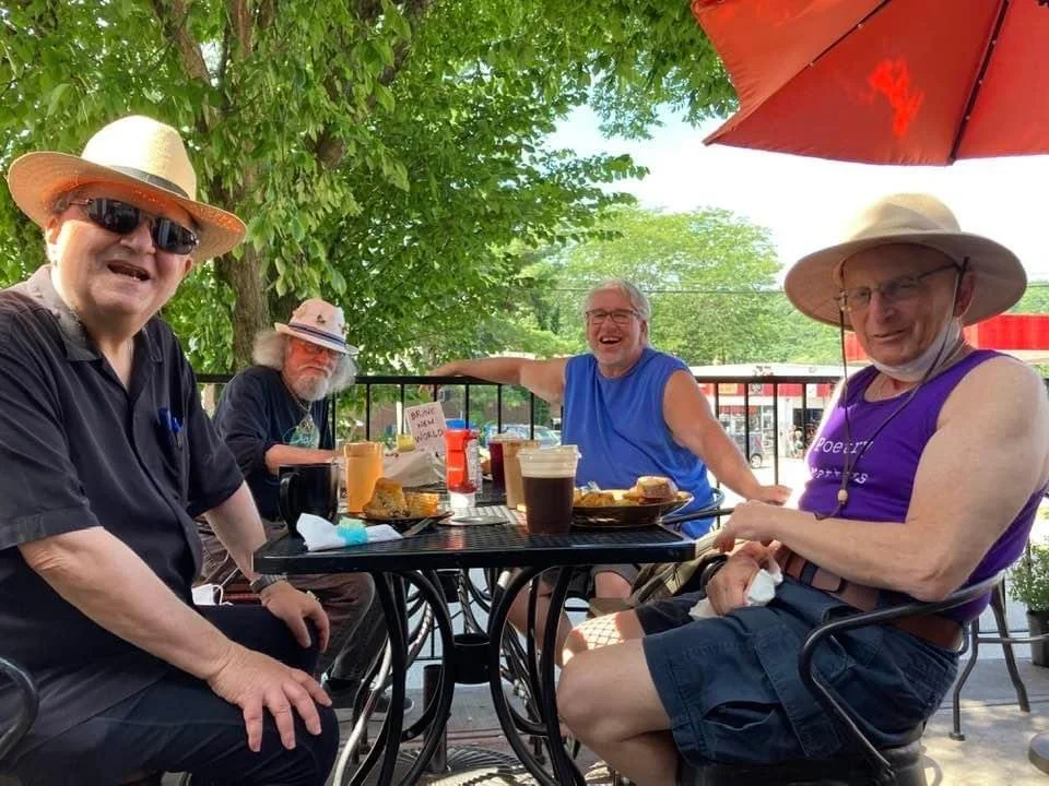 Poets Breakfast 2022 at Root and Press: Sam Lalos, Michel Duncan Merle, Robert Eugene Perry, moi.