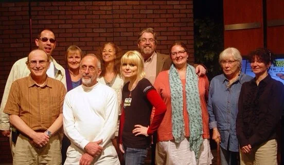 100K Poets for Change - Dedham MA TV, 09/27/ 2014, back: Tim Gager, Joy Martin, Robin Stratton, Christopher Reilly, front: Harry Mishkin, Teisha Dawn Twomey, Ivy Page, Julia Carlson, Gwen Dubeau