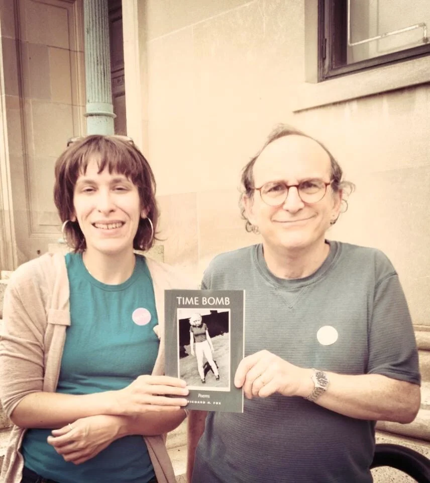With Kristina England on the main stairs of Worcster Art Museum (WAM) with a copy of the just published TIME BOMB in 2013.