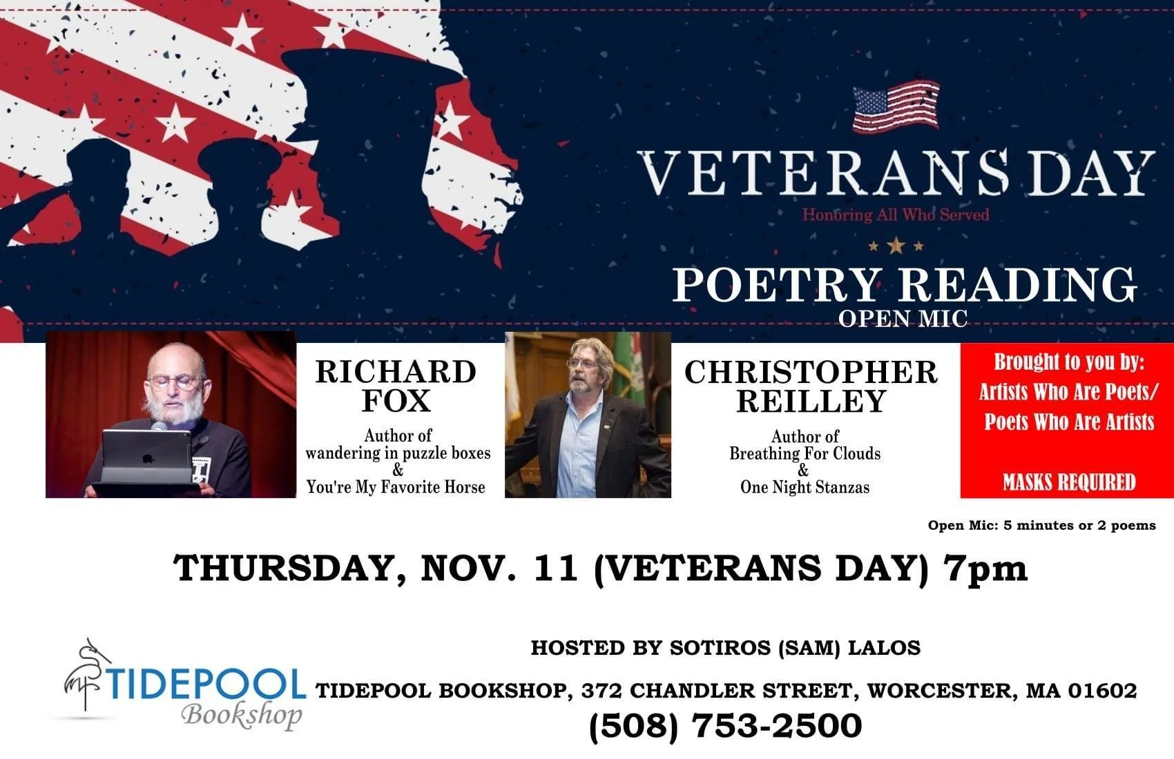 Veterans Day LIVE POETRY reading with co-feature Chris Reilly  at Tidepool Bookstore on November 11, 2021