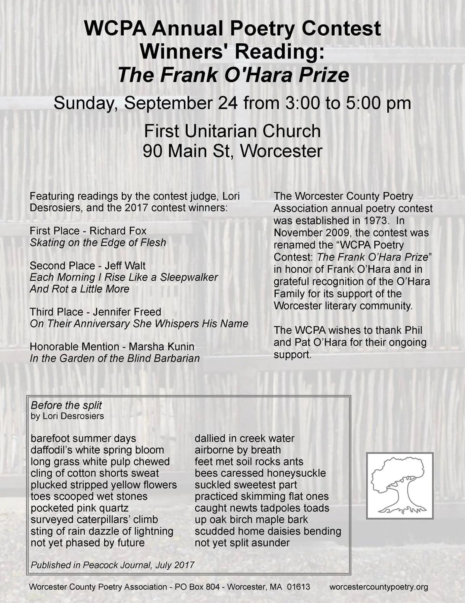 WCPA Broadside For 2017 Frank O'Hara Prize Winners' Reading