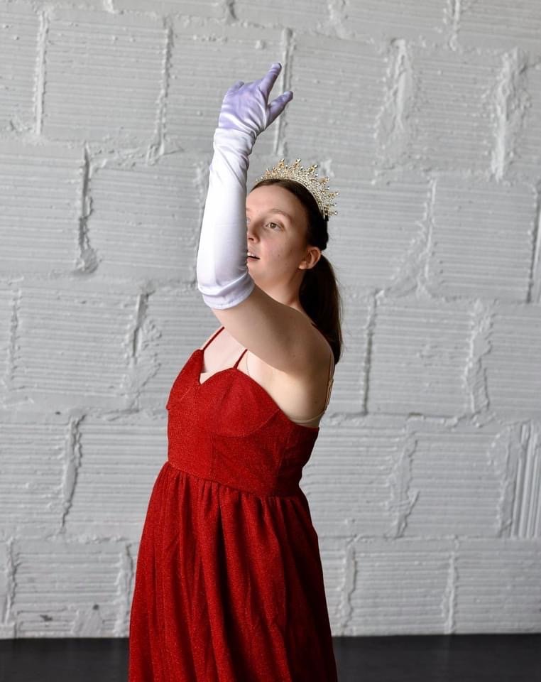 queen red dress white brick wall white silk gloves Sherri Stewart Dance dancer studio acting ballet jazz lyrical contemporary theater musical camp singing voice glee club Amber Keeley director Mpls classes twin cities workshops Spring Dance Theatre A