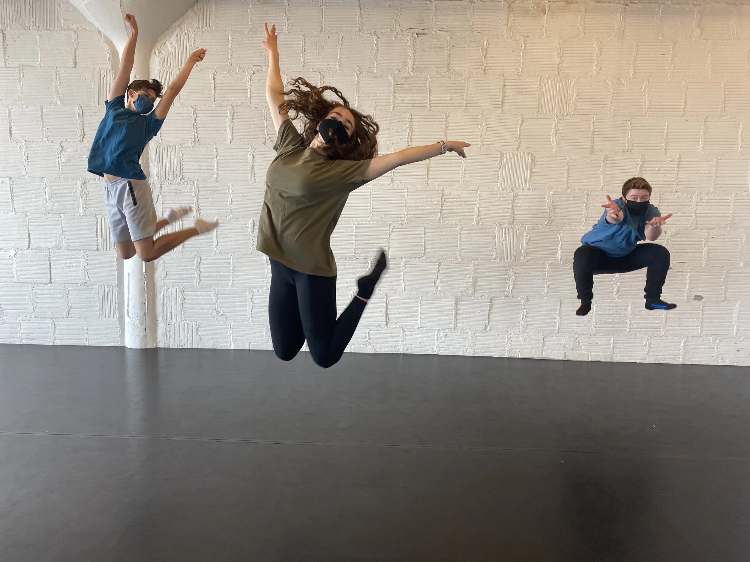 high school musical jump Spiderman jump 3 kids green shirt blue shorts jumping Dance acting ballet jazz lyrical contemporary theater musical camp singing voice glee club Amber Keeley director Mpls classes twin cities workshops Spring Dance Theatre Ac