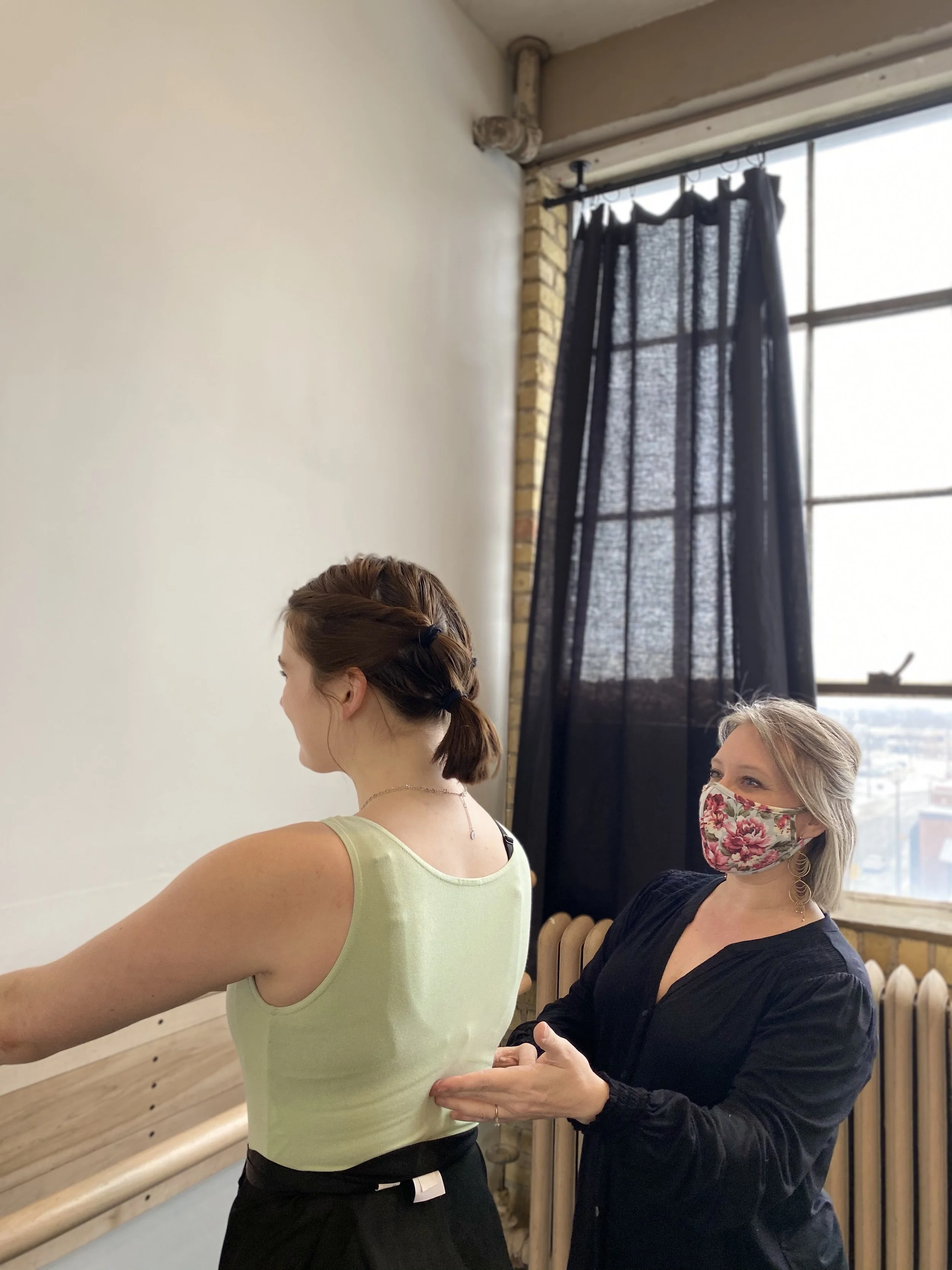 teaching flower mask green leotard barre window black curtain Dance dancer studio acting ballet jazz lyrical contemporary theater musical camp singing voice glee club Amber Keeley director Mpls classes twin cities workshops Spring Dance Theatre Acade