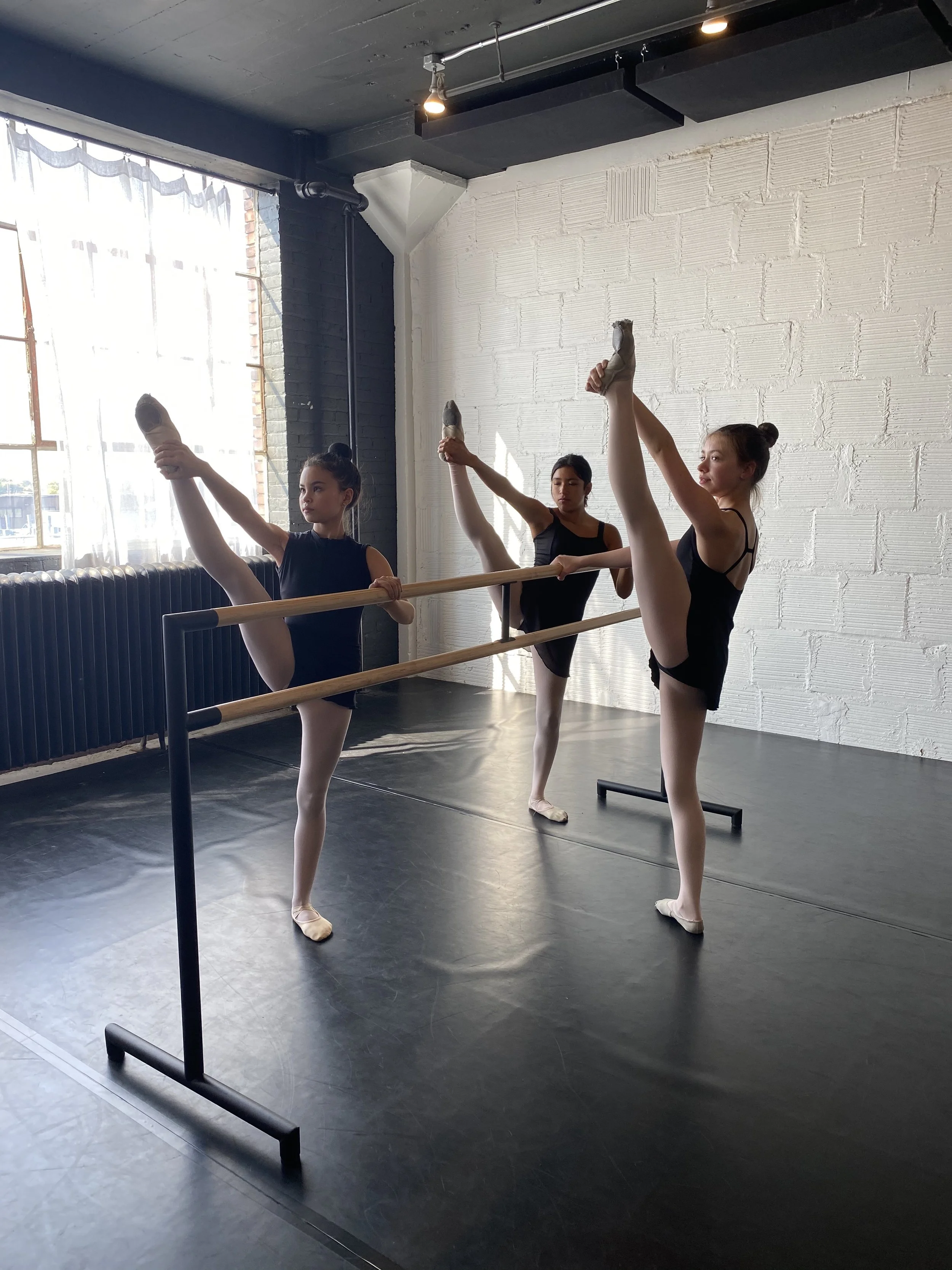 barre window white brick wall black Marley dance floor heel in hand stretch Dance acting ballet jazz lyrical contemporary theater musical camp singing voice glee club Amber Keeley director Mpls classes twin cities workshops Spring Dance Theatre Acade