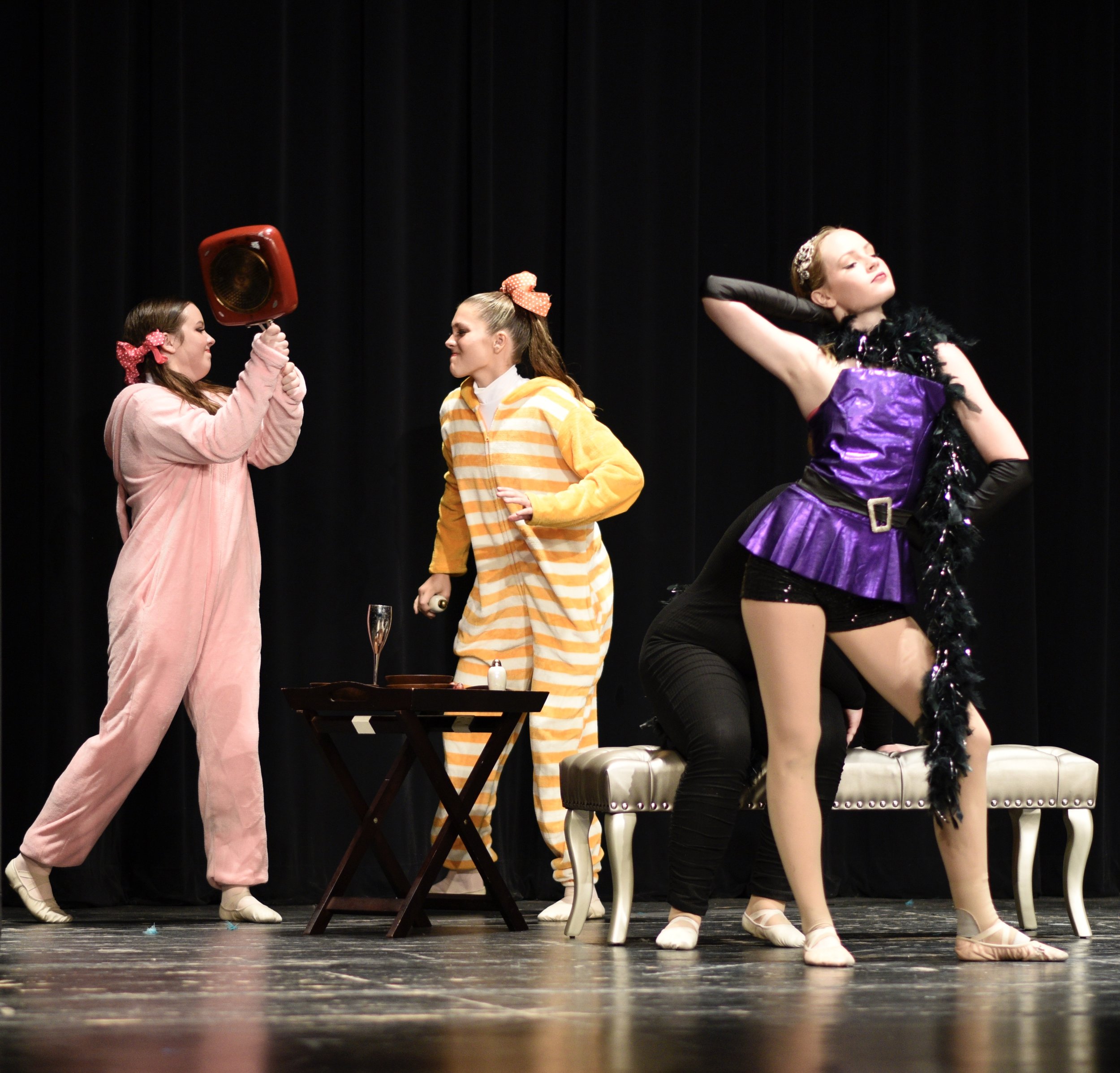 evil step sisters fighting evil step mother bench table red pan onesies orange strips pink bows feathers purple outfit pose Sherri Stewart Dance dancer studio acting ballet jazz lyrical contemporary theater musical camp singing voice glee club Amber 
