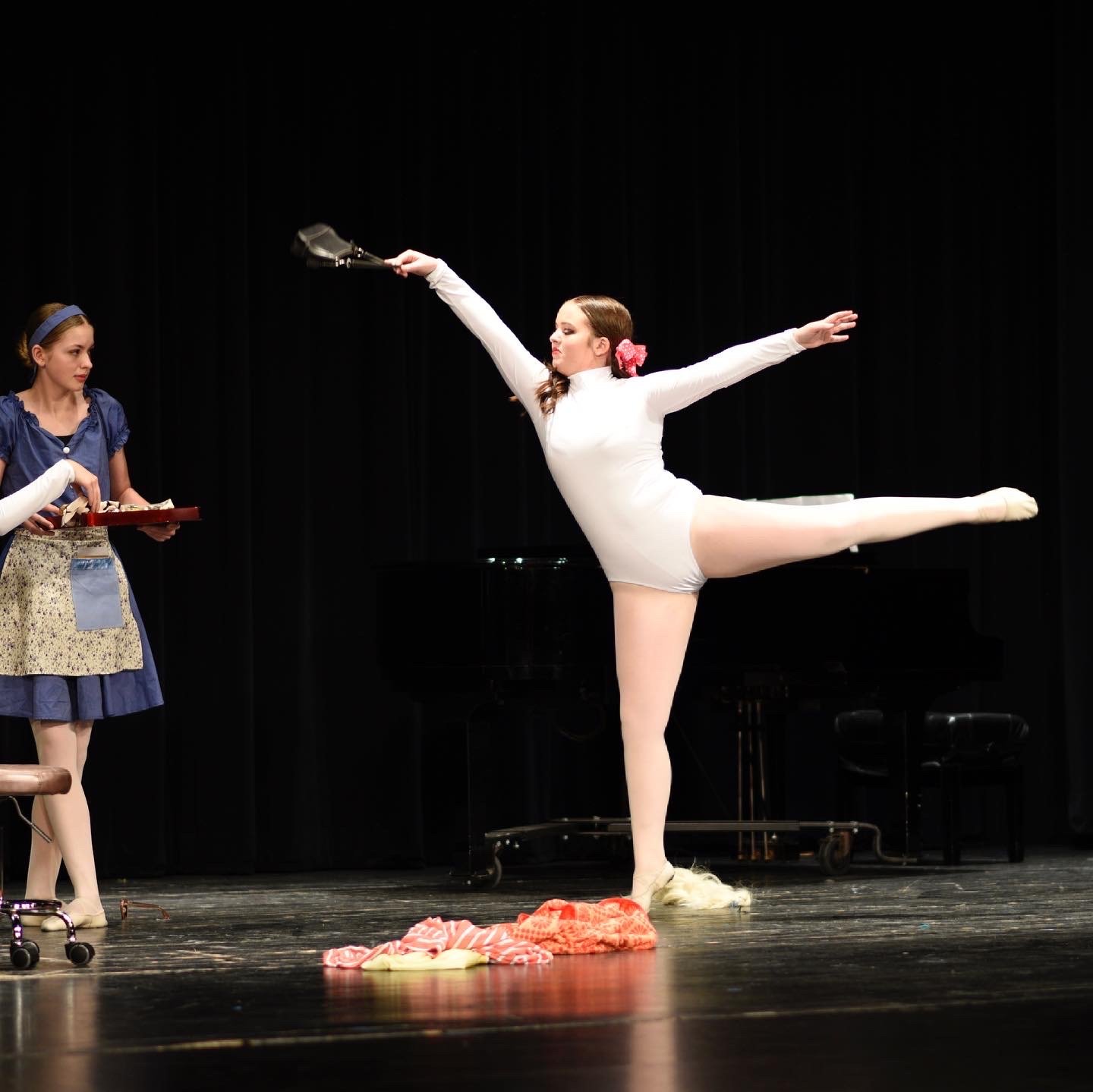 arabesque cinderella step sister bow hand bag white turtleneck blue dress Sherri Stewart Dance dancer studio acting ballet jazz lyrical contemporary theater musical camp singing voice glee club Amber Keeley director Mpls classes twin cities workshops