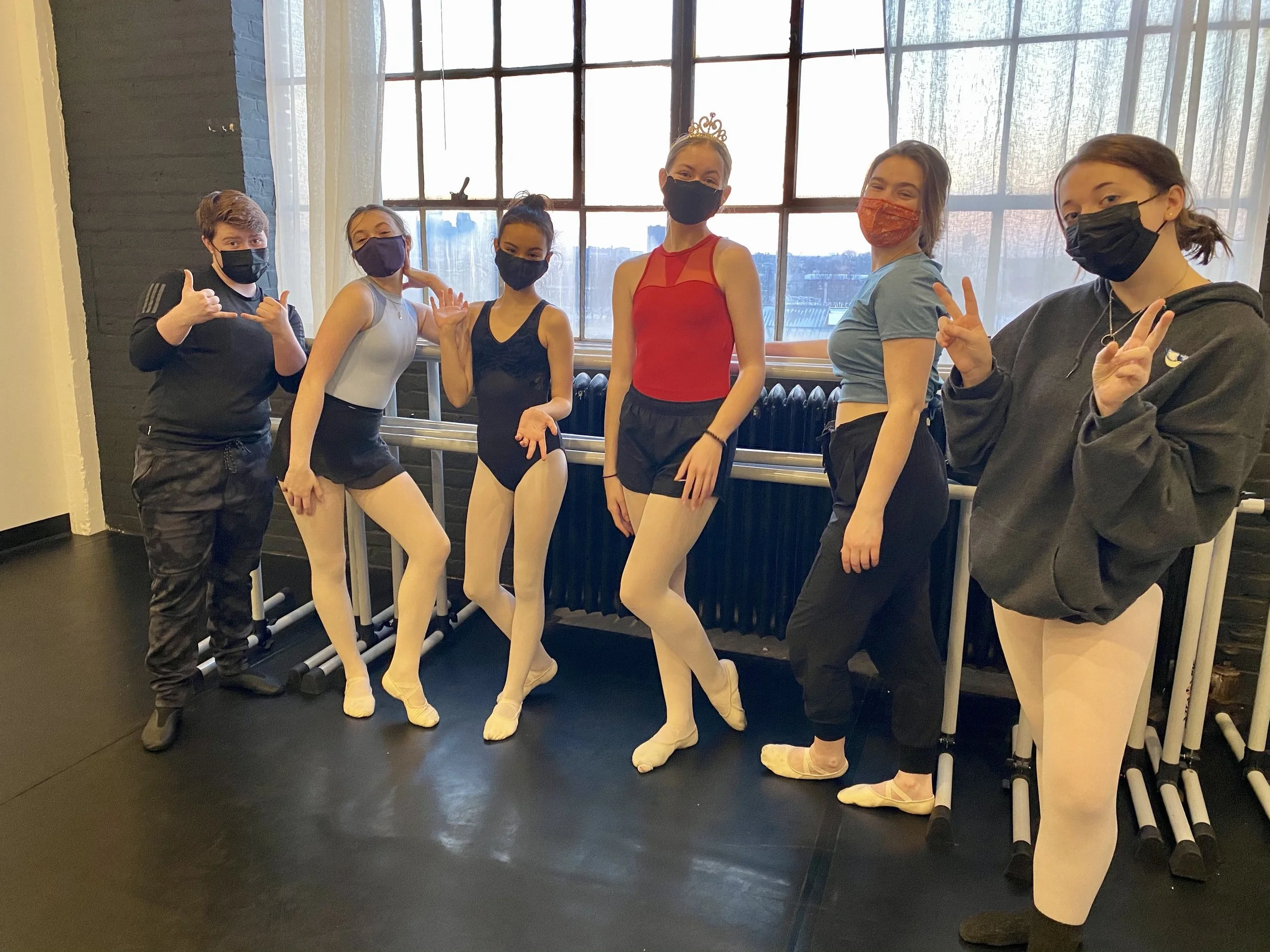 window rehearsal sunset group photo one boy 5 girls white curtains Dance dancer studio acting ballet jazz lyrical contemporary theater musical camp singing voice glee club Amber Keeley director Mpls classes twin cities workshops Spring Dance Theatre 