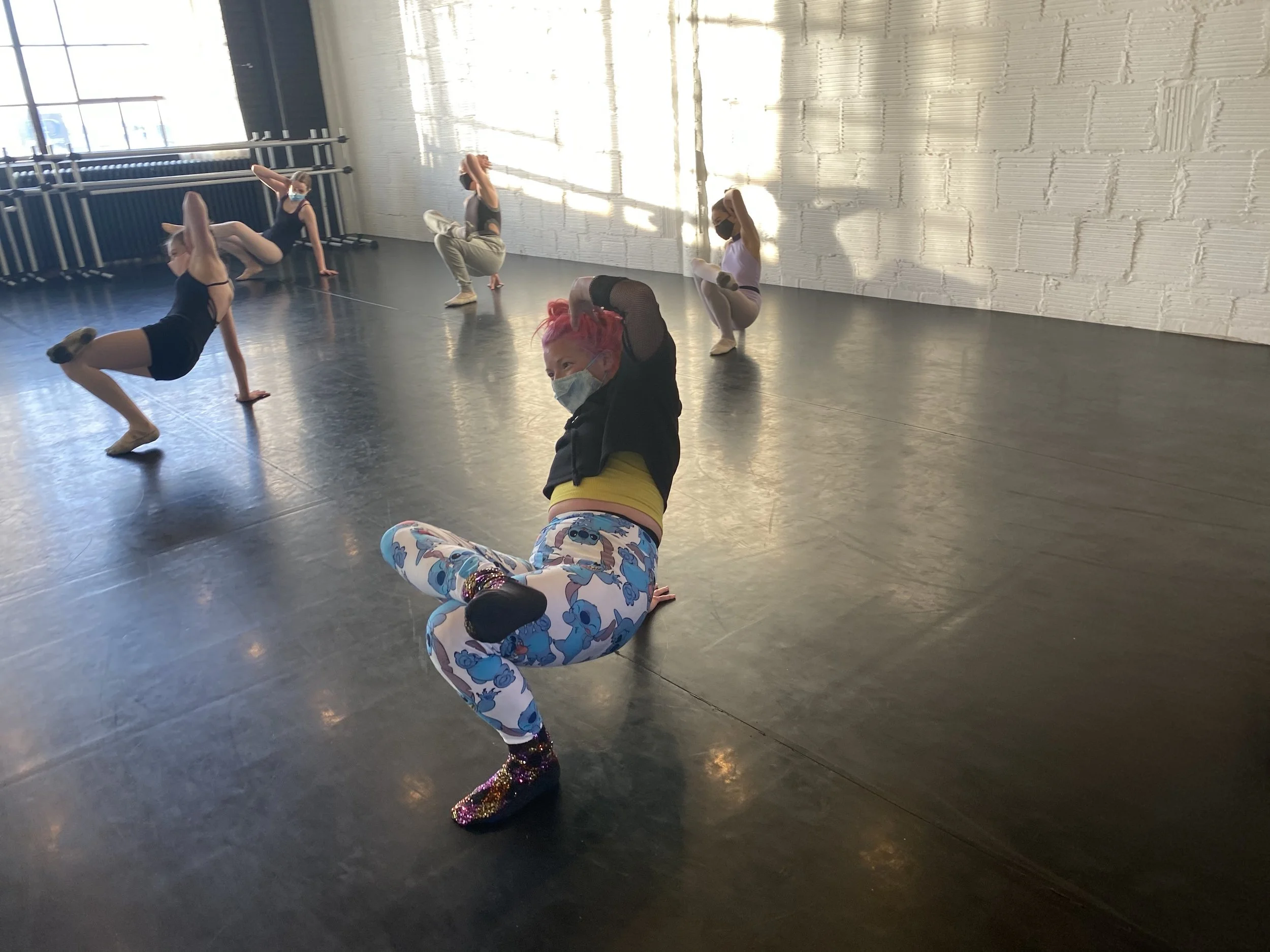 breakin break dancing stitch pants class teaching pink shirt B-girl Dance dancer studio acting ballet jazz lyrical contemporary theater musical camp singing voice glee club Amber Keeley director Mpls classes twin cities workshops Spring Dance Theatre