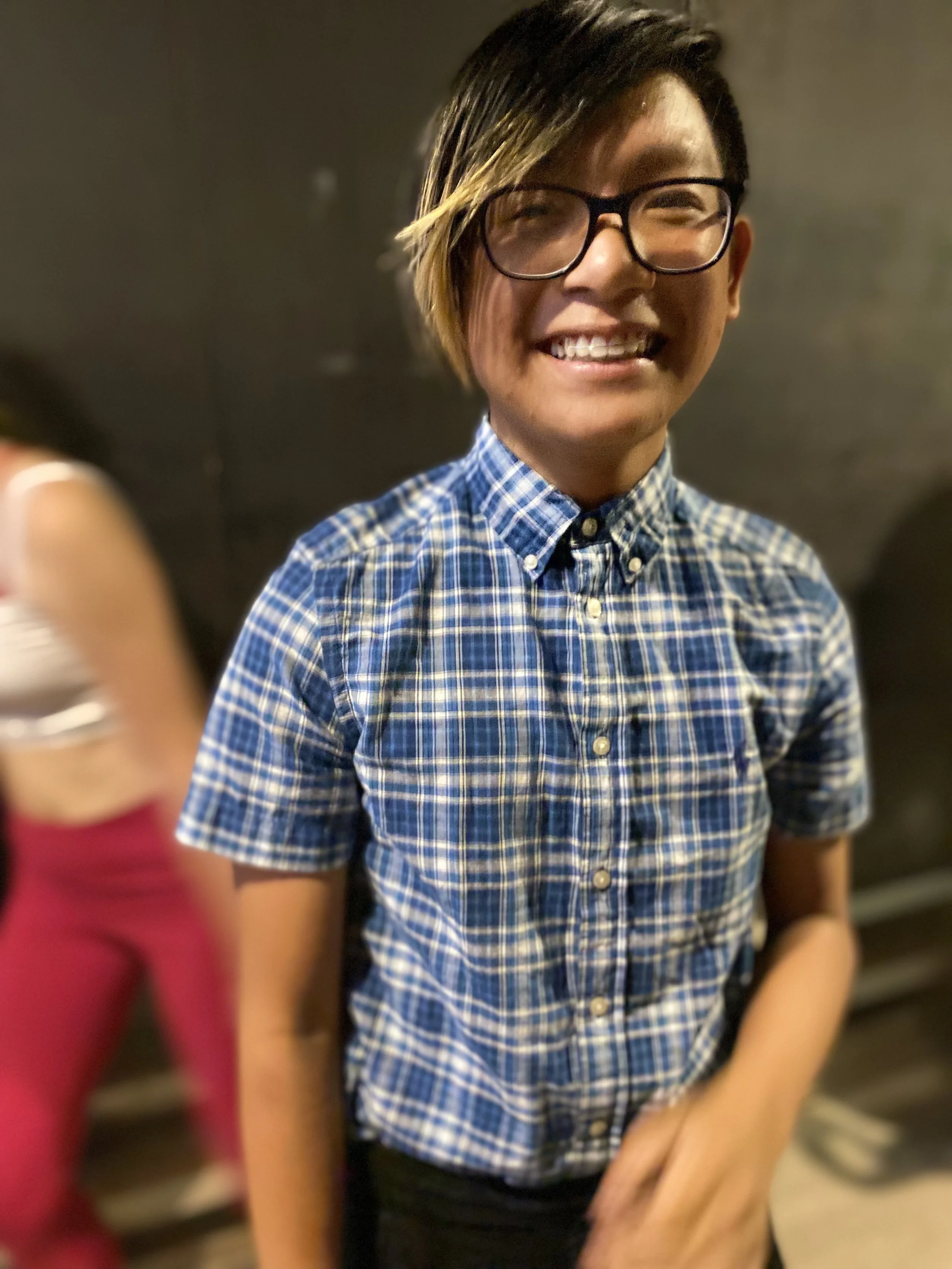 ill happy blue button up shirt black wall elevator Dance dancer studio acting ballet jazz lyrical contemporary theater musical camp singing voice glee club Amber Keeley director Mpls classes twin cities workshops Spring Dance Theatre Academy NE Minne