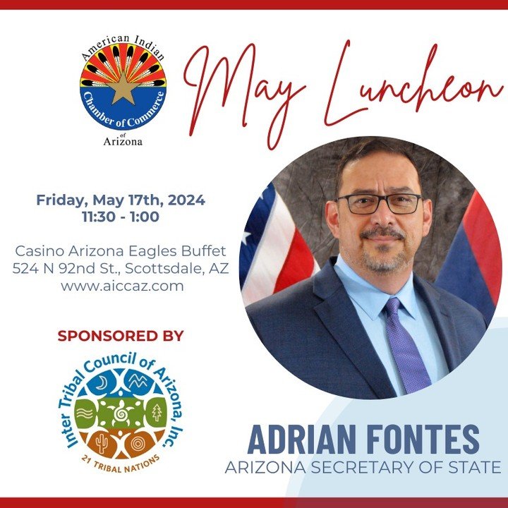 Join us and @MaricopaVote this Friday 5/17/24 for the May @aiccaz luncheon with guest speaker @azsecretary Adrian Fontes. A very special Thank You to @itca.online Civic Engagement program for your support! REGISTER AT https://www.aiccaz.com/event-lis