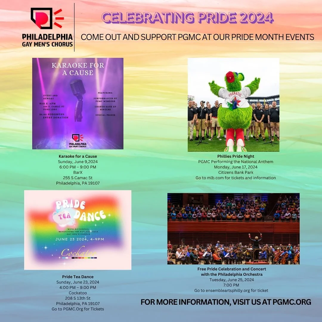 Pride Month is underway and we will be busy celebrating.  Hope you can make it out to one of these events and help celebrate Pride 2024 with us!

To get your tickets for the events below go to:

Karaoke For A Cause:
No ticket required.

Phillies Prid