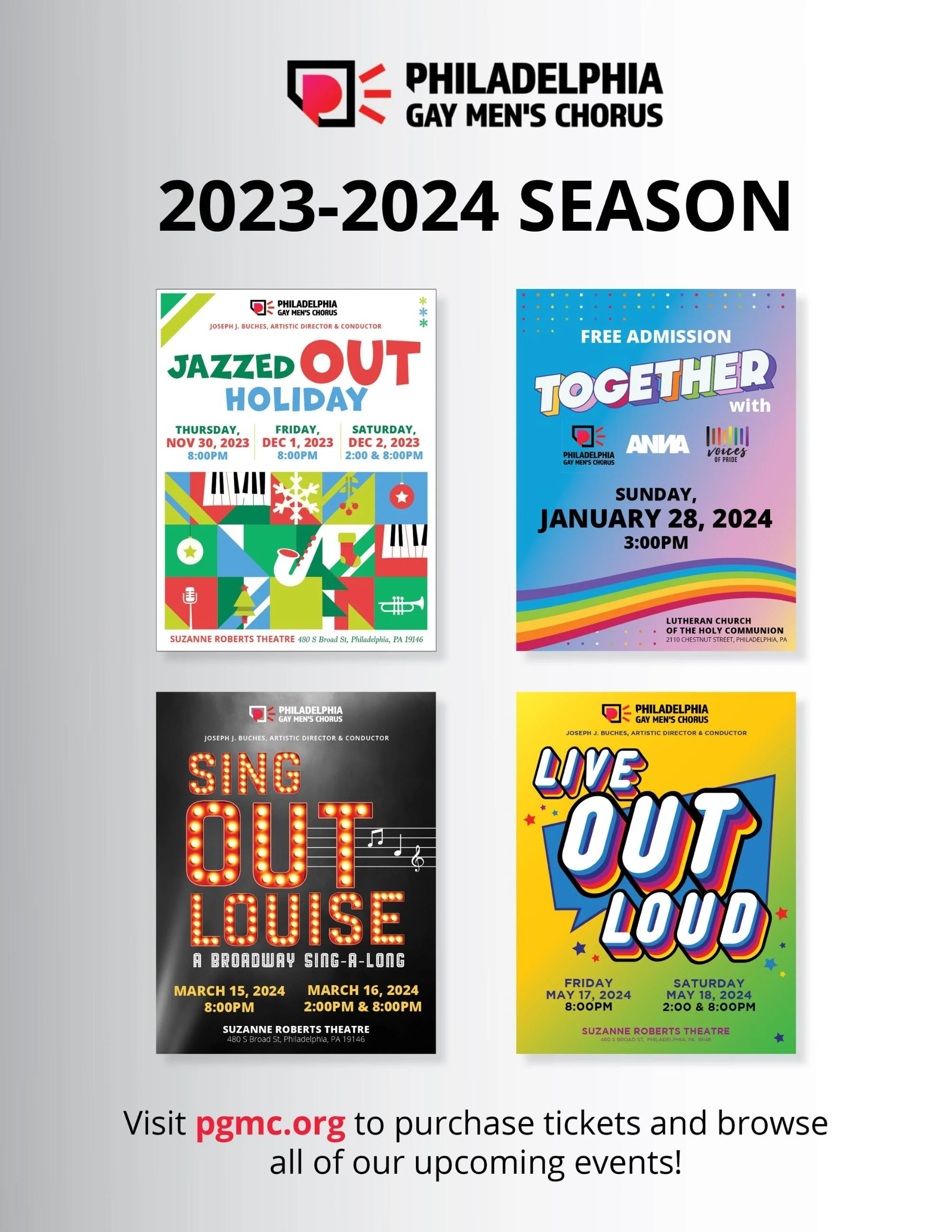 An image containing posters of the four concerts in the Philadelphia Gay Men's Chorus 2023-2024 Season