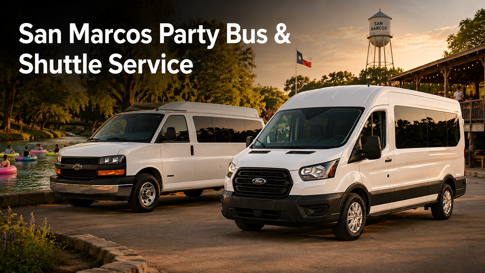 White passenger vans for San Marcos party bus and shuttle service near the river
