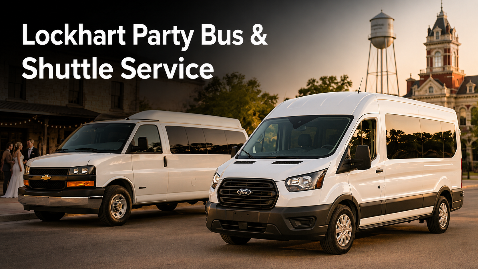 White passenger vans for Lockhart party bus and shuttle service by Texas Event Shuttle