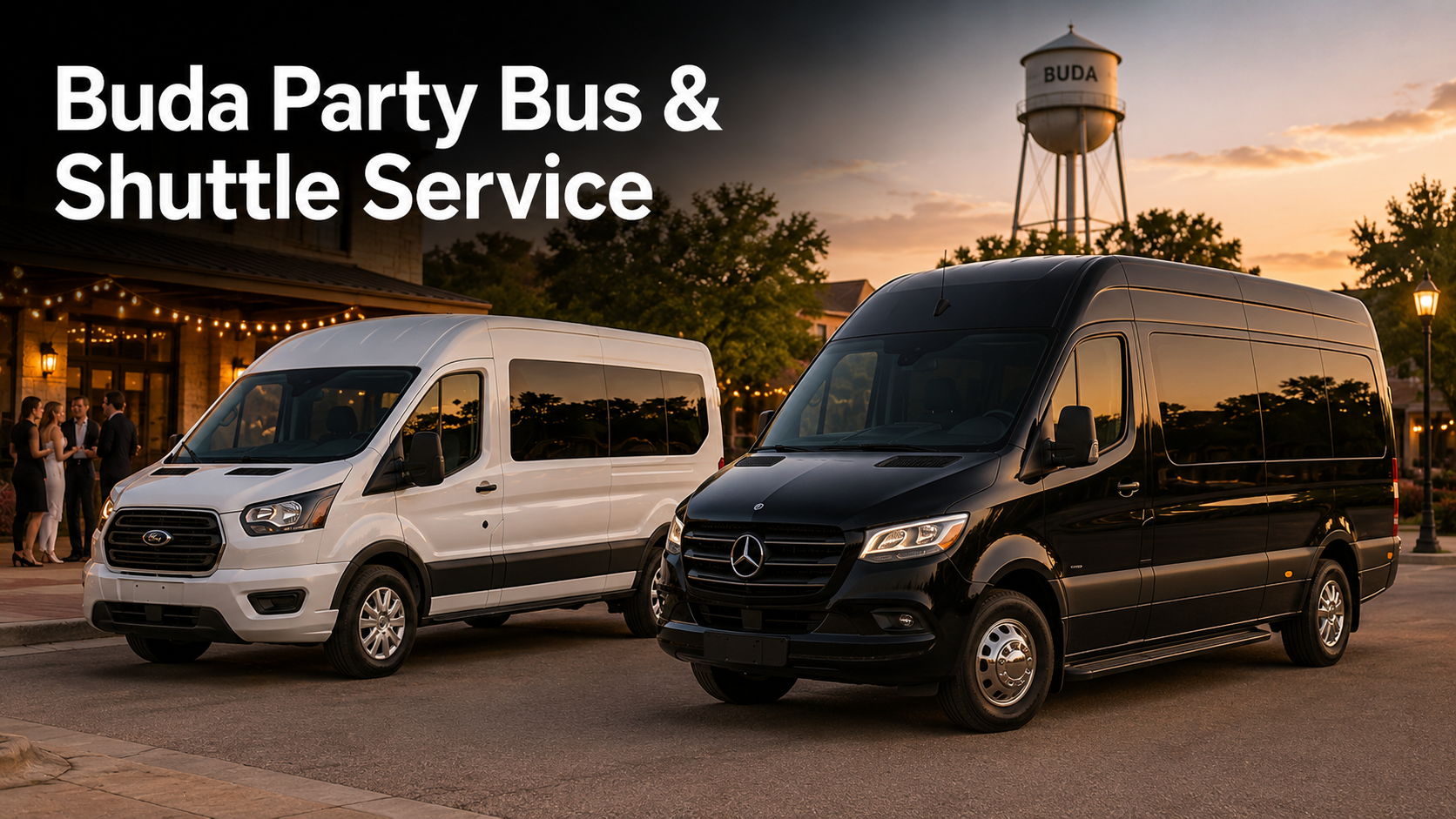 service-texas-event-shuttle.png White passenger van and black executive Sprinter for Buda party bus and shuttle service
