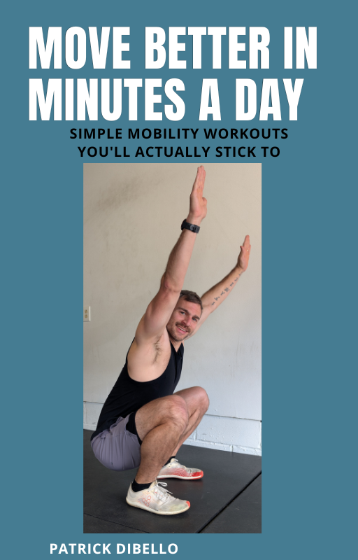 Book cover titled "Move Better in Minutes a Day" featuring a man performing a squat exercise indoors.