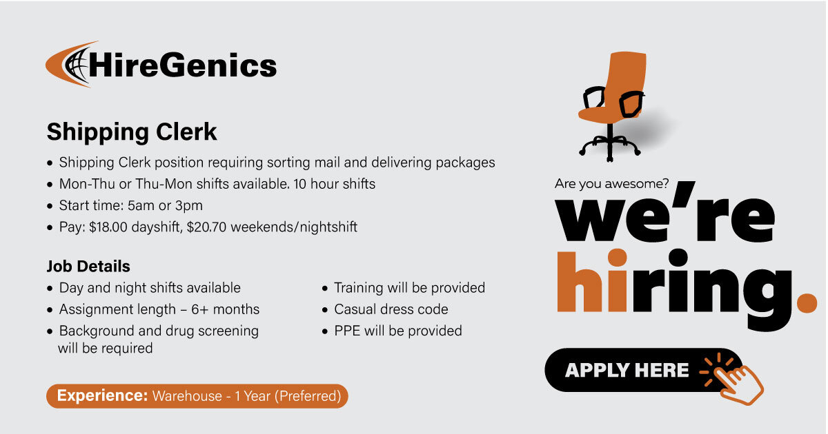 Facebook ad promoting our Shipping Clerk position for Hiregenics.