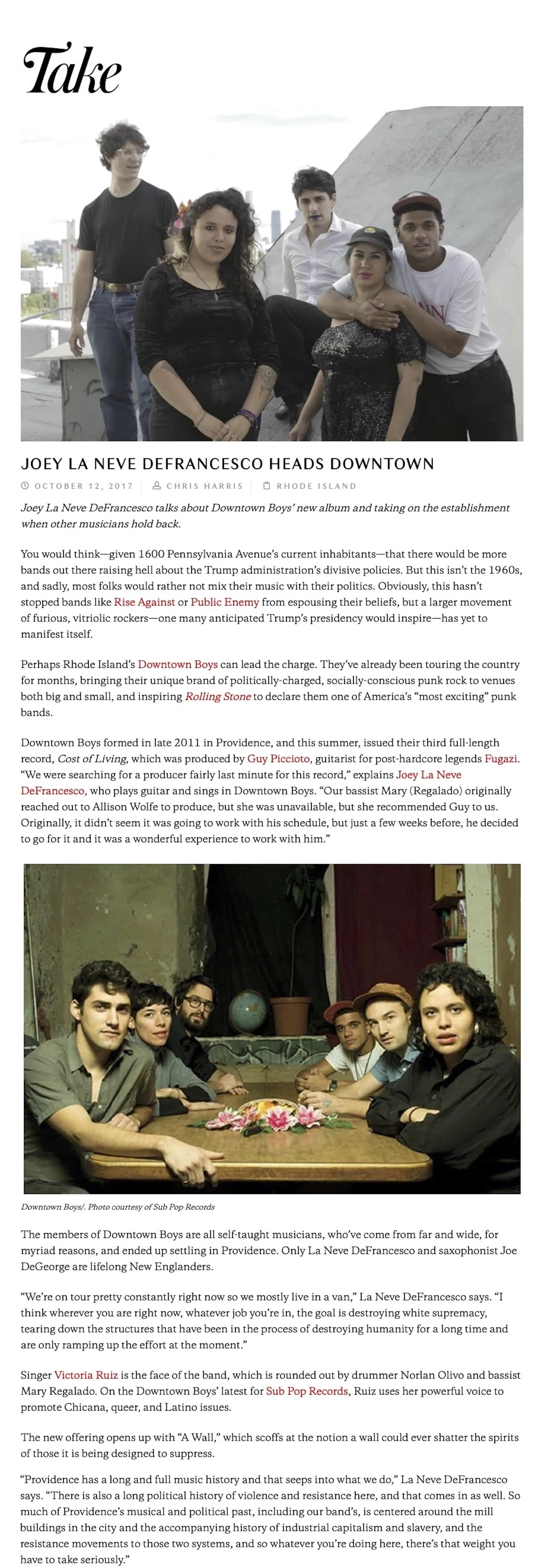 Magazine article about Providence punk band Downtown Boys, featuring a rooftop group photo and an indoor band portrait.