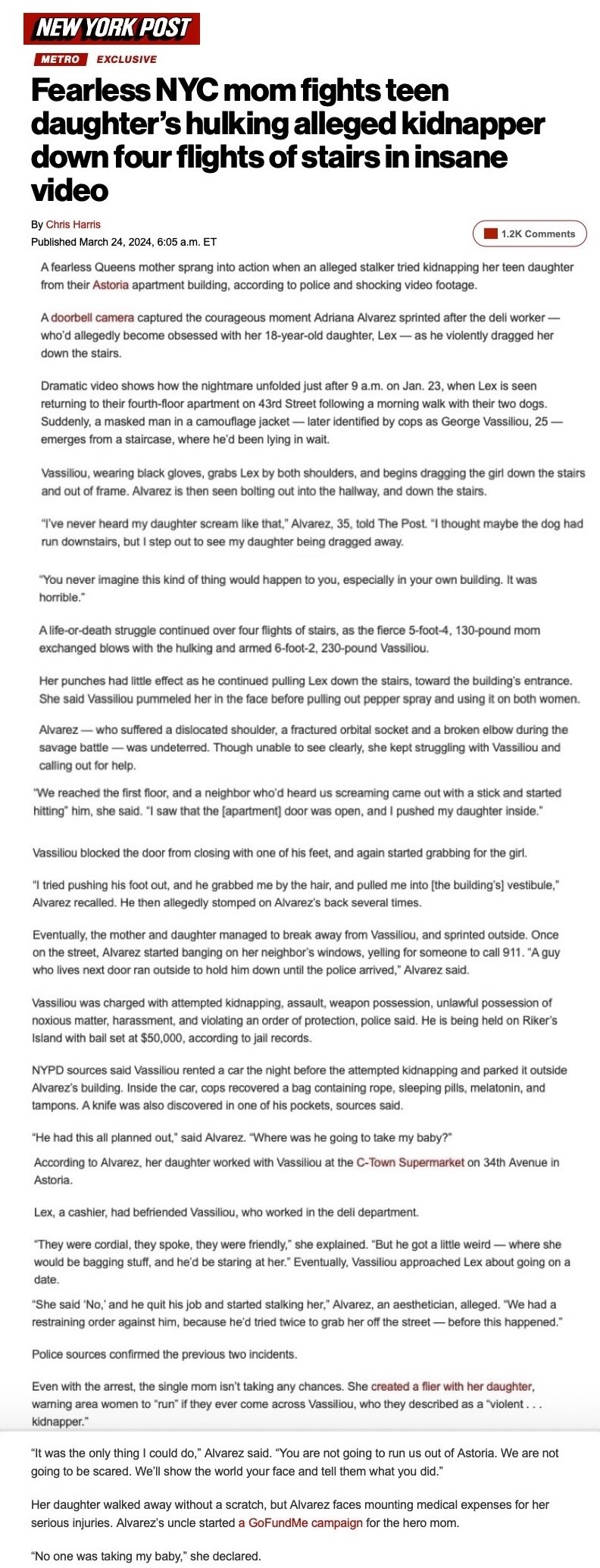 Screenshot of a New York Post article about a Queens mother fighting an alleged kidnapper who dragged her daughter down apartment stairs