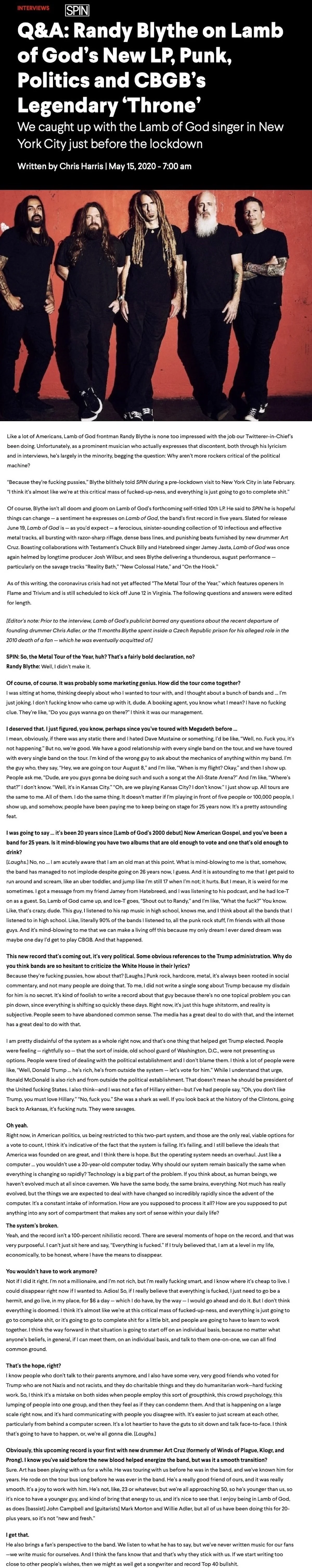 SPIN magazine article about Lamb of God singer Randy Blythe, featuring a photo of the five-member band and interview text.