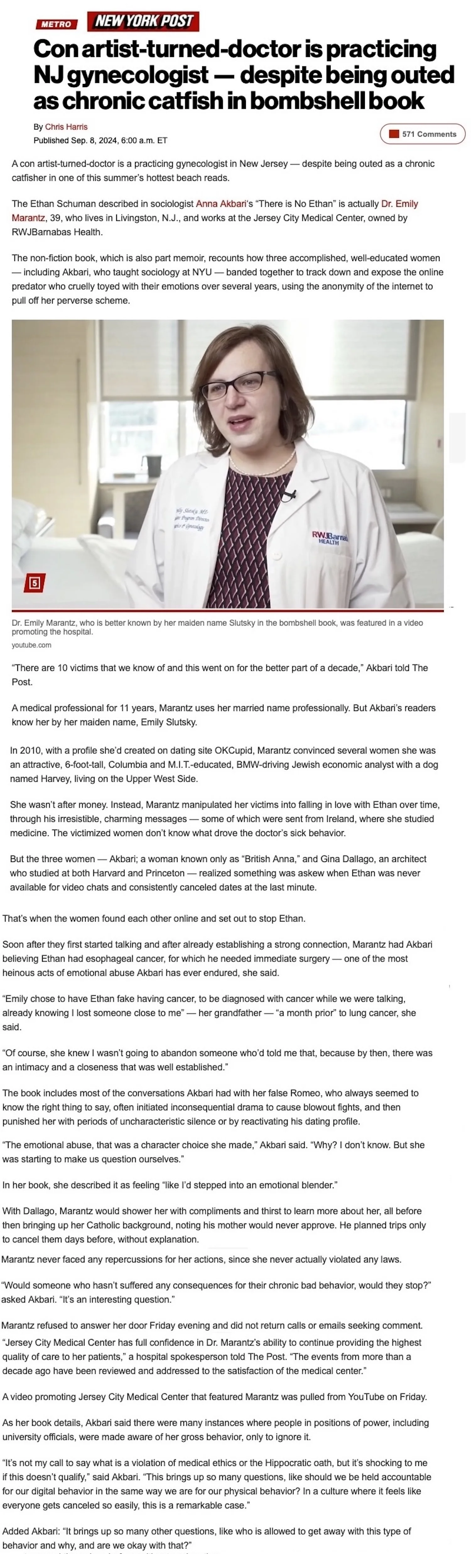 New York Post article screenshot featuring gynecologist Dr. Emily Marantz in a white medical coat, with a headline about her being exposed as a chronic catfisher.
