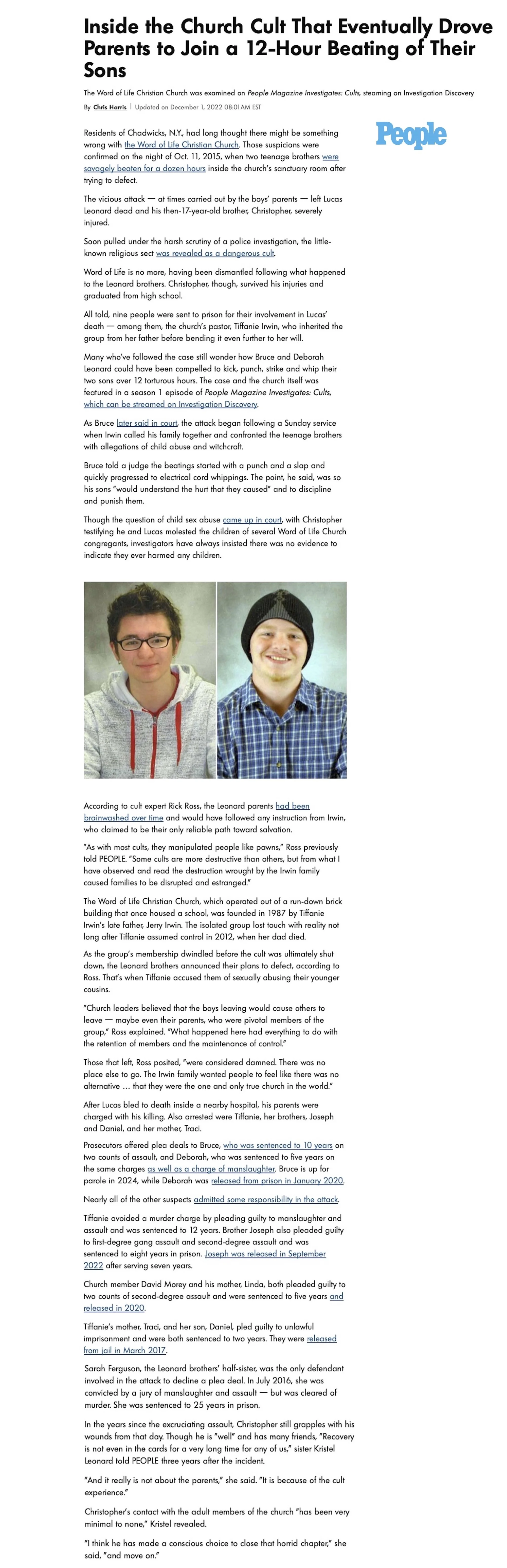 Screenshot of a People Magazine article about the Word of Life Christian Church cult, featuring portraits of brothers Lucas and Christopher Leonard.