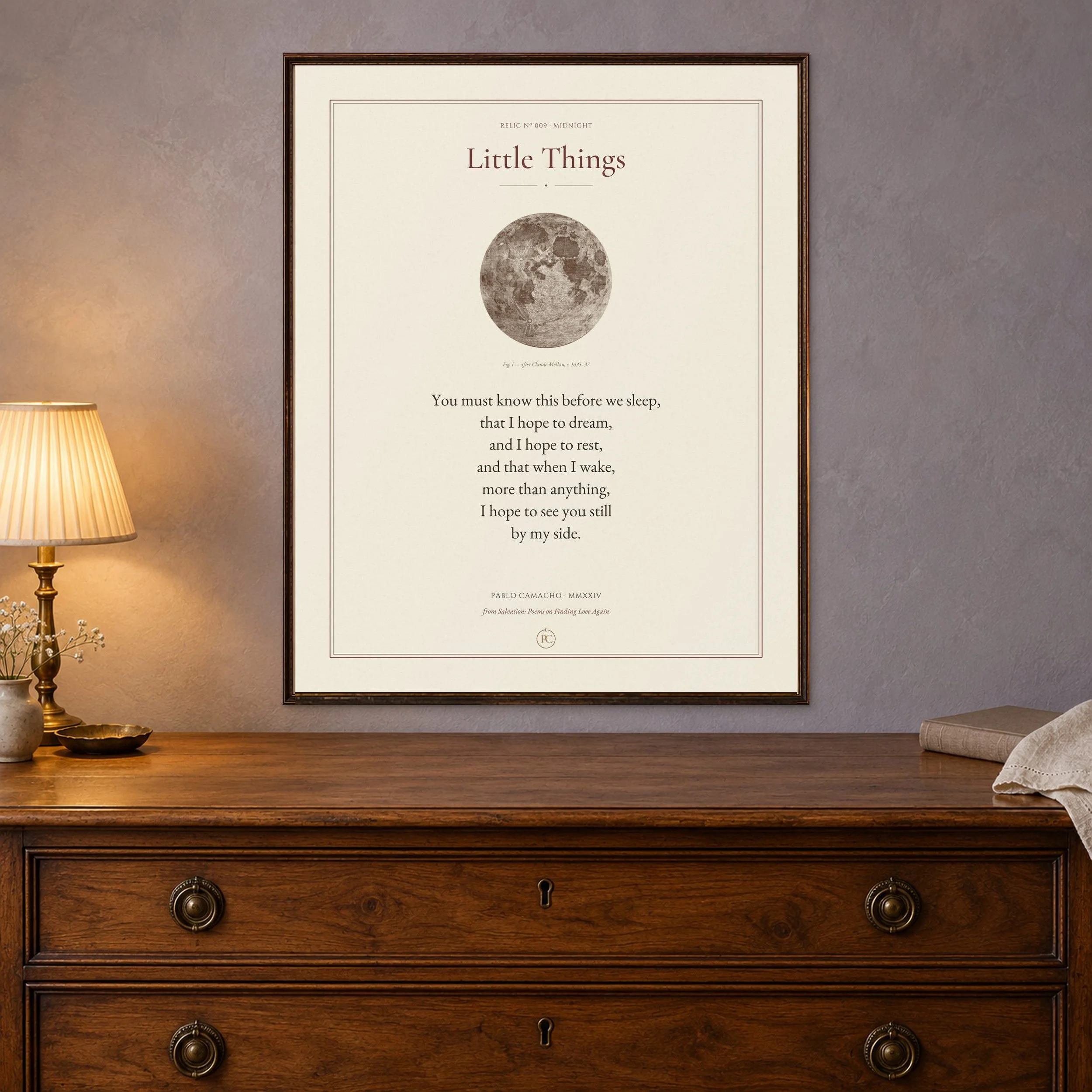 Little Things poetry print with a full moon engraving, framed above an antique dresser by lamplight