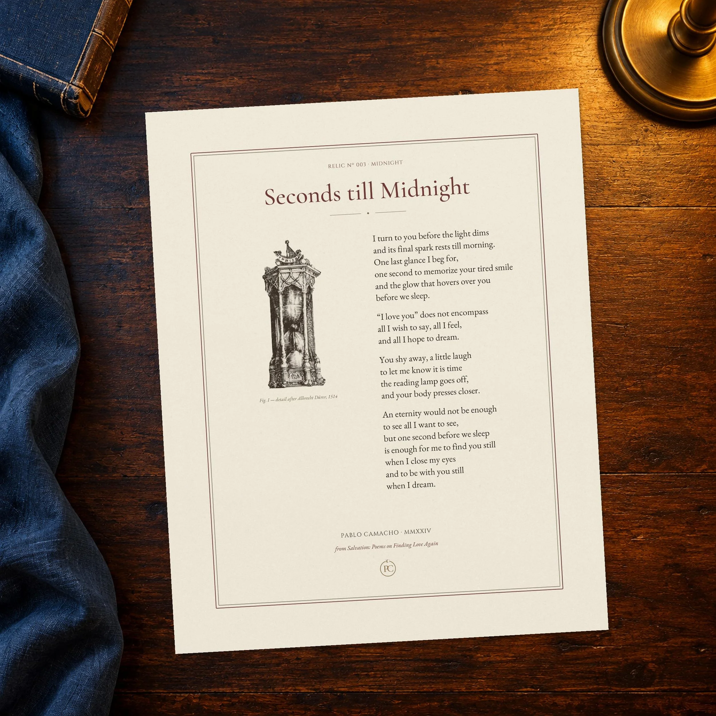 Seconds till Midnight poem print on textured fine-art paper, with an hourglass after Albrecht Dürer