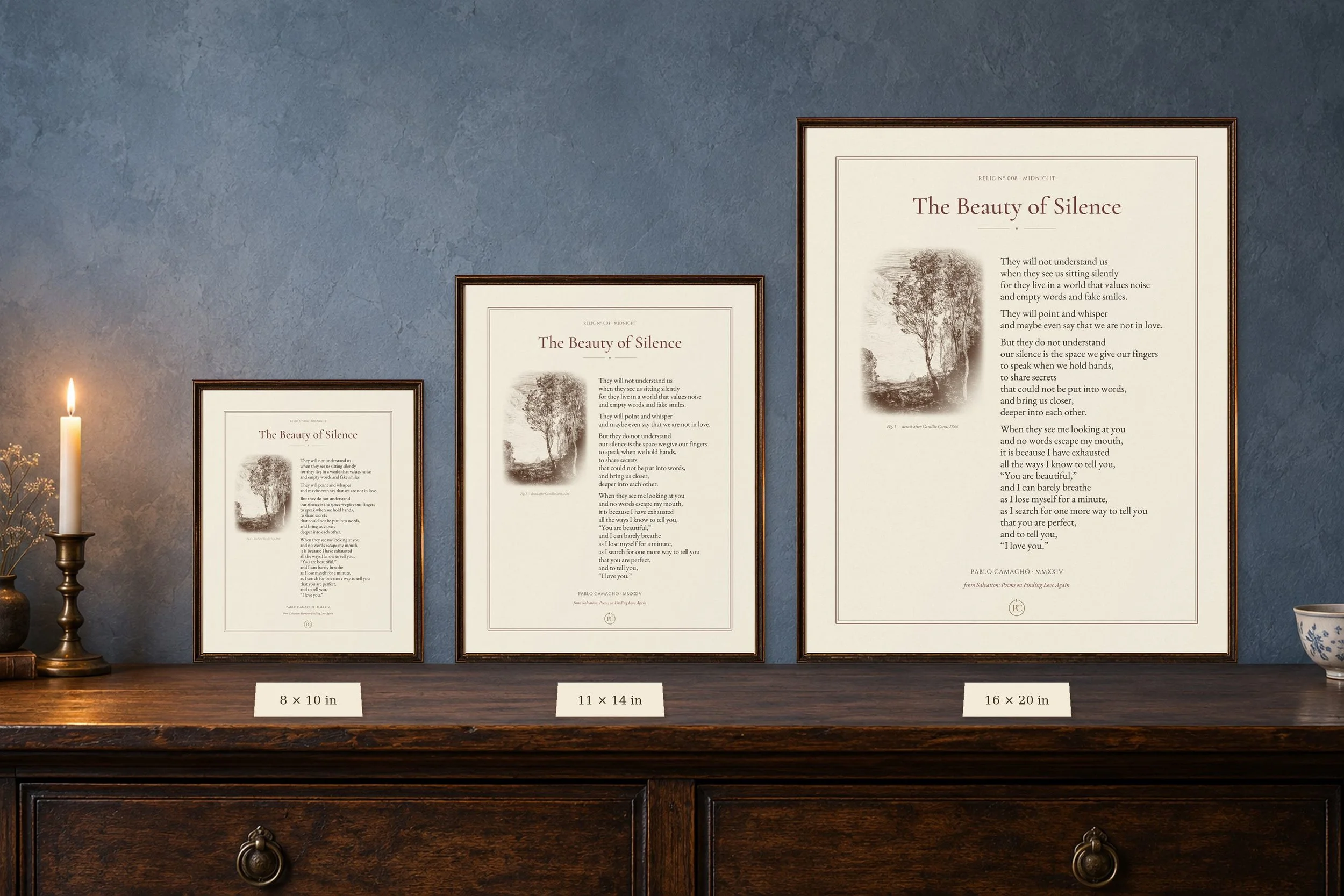 The Beauty of Silence poetry print shown in 8 × 10, 11 × 14 and 16 × 20 sizes