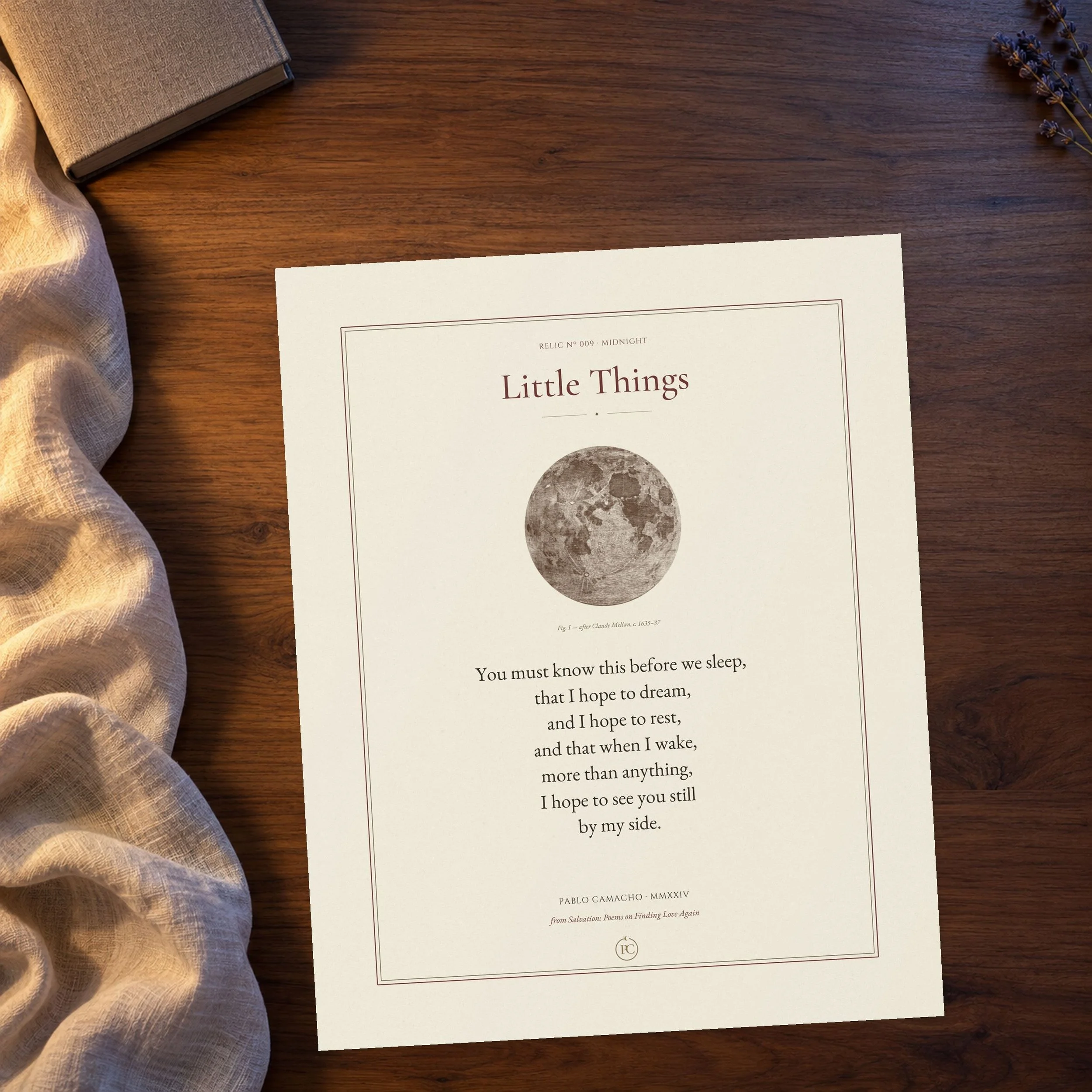Little Things poem print on textured fine-art paper, with a full moon after Claude Mellan