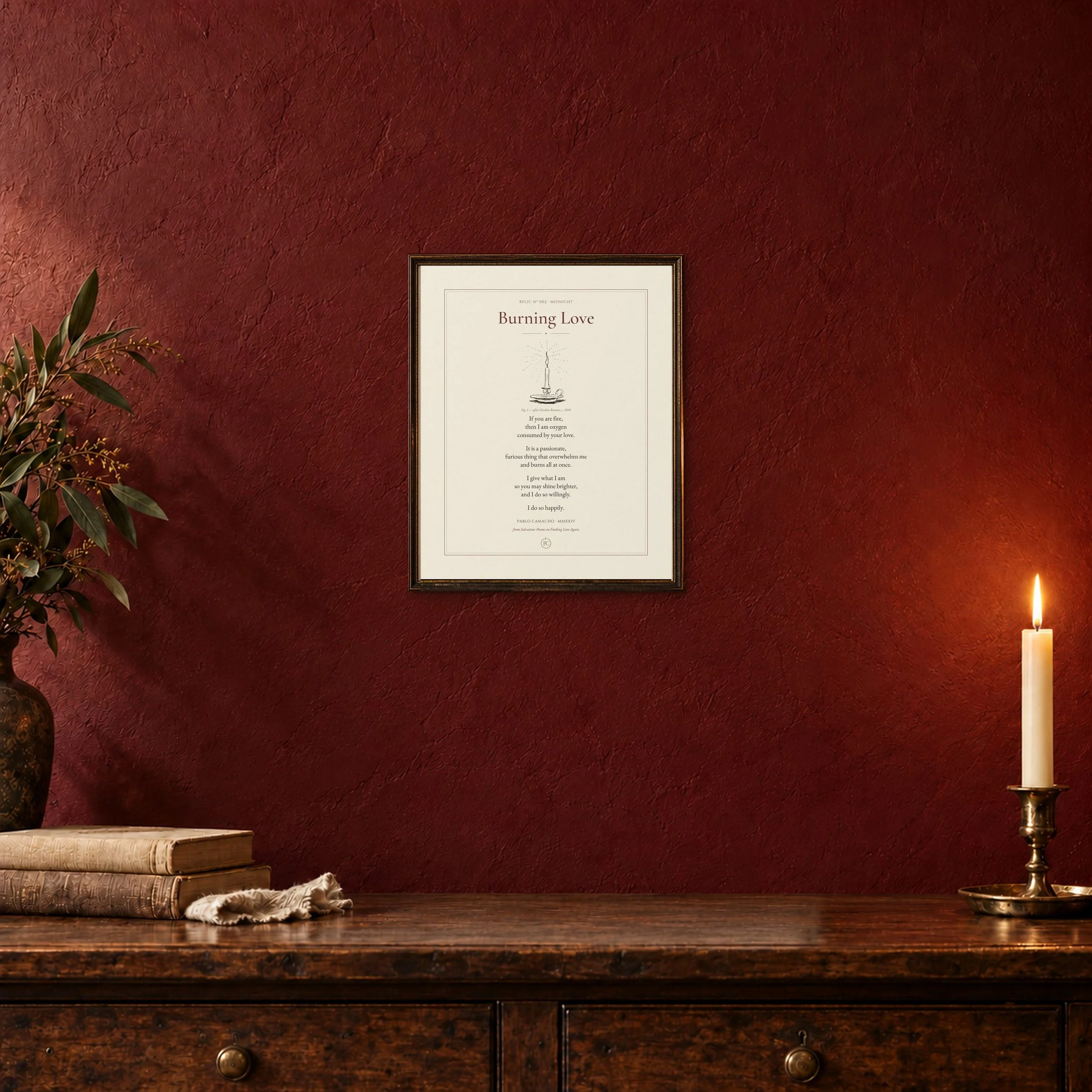Burning Love 8×10 poetry print in a dark walnut frame