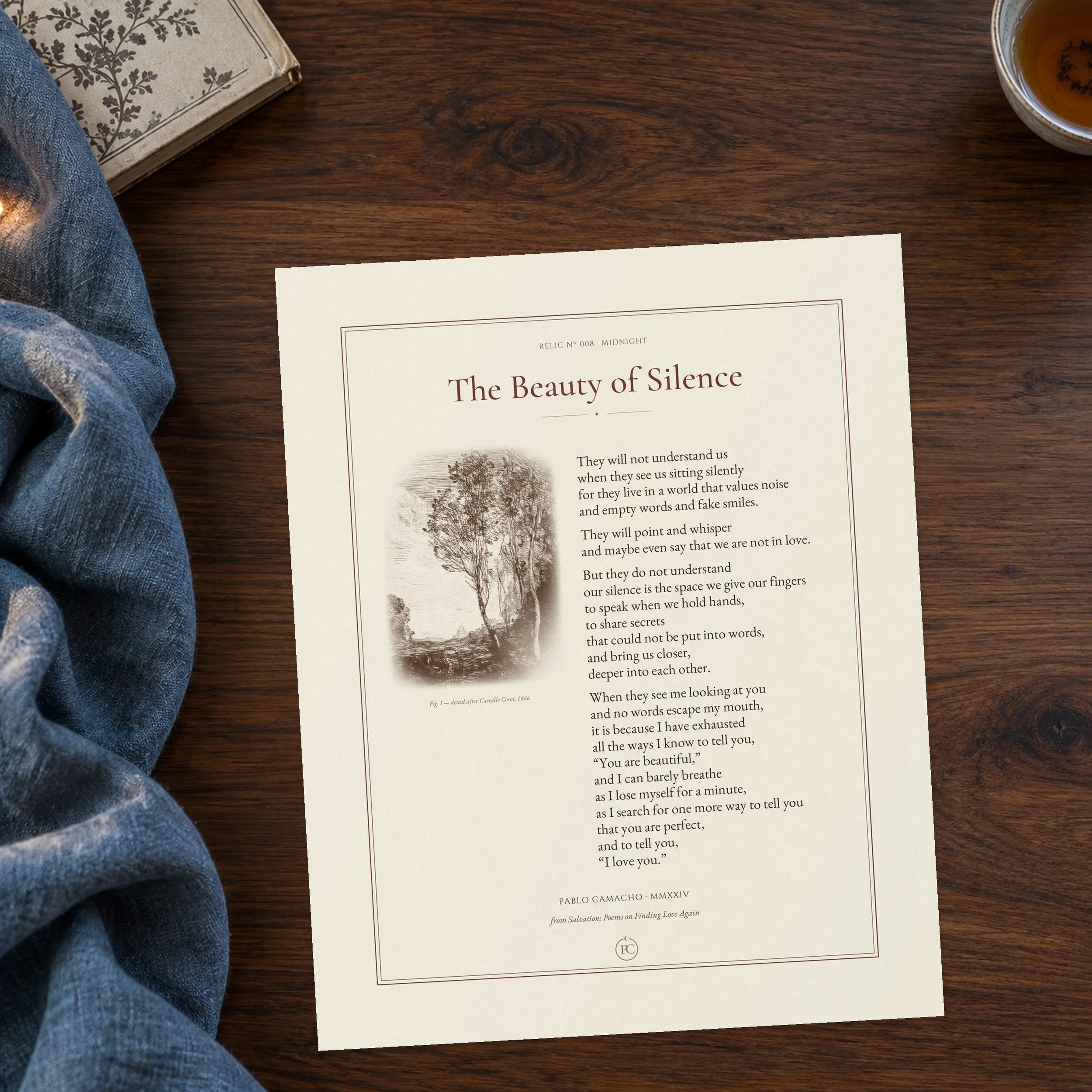 The Beauty of Silence poem print on textured fine-art paper, with an 1866 etching after Camille Corot