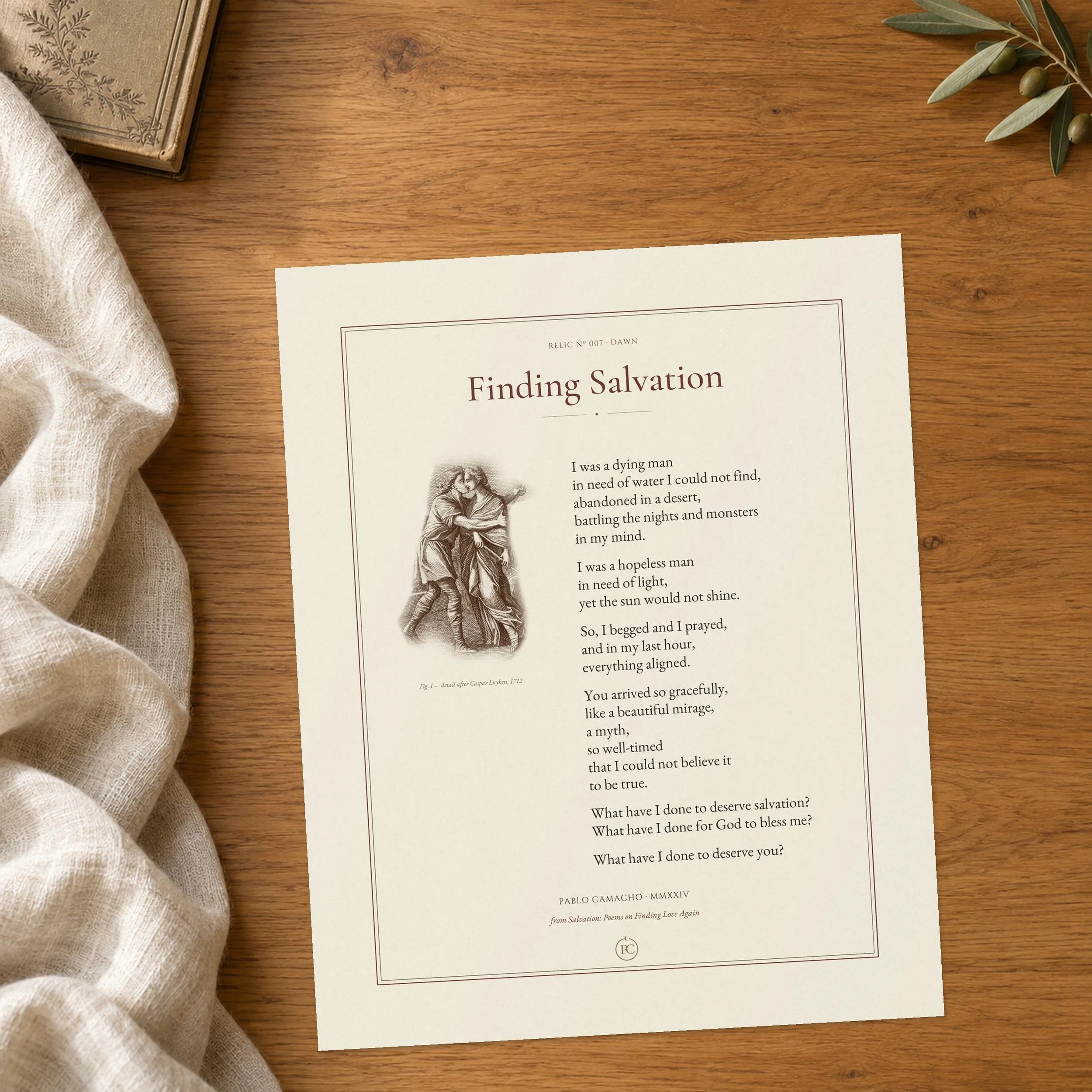 Finding Salvation poem print on textured fine-art paper, with Jacob and Rachel after Caspar Luyken