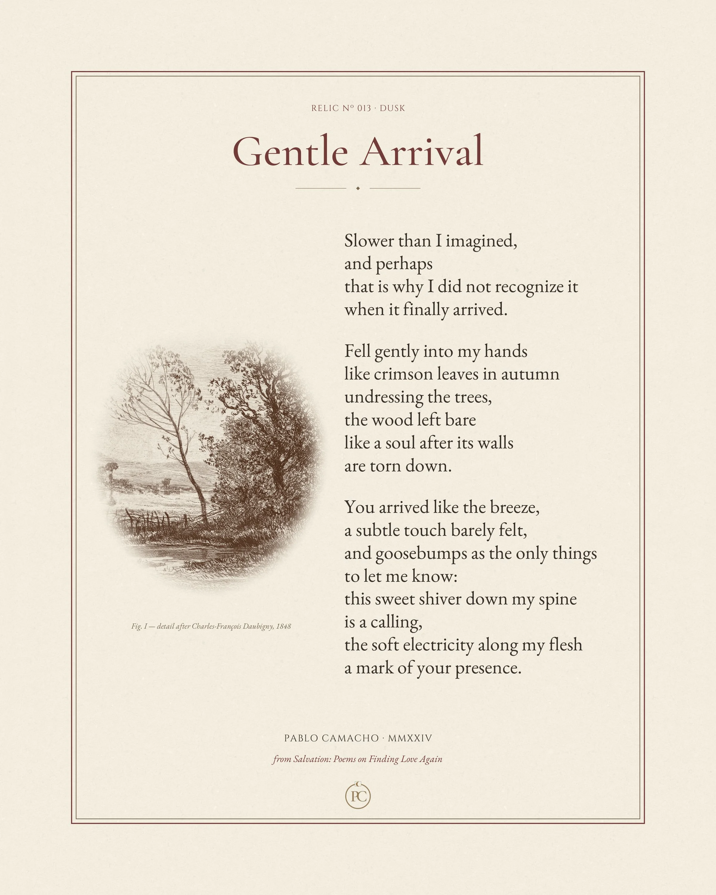 Gentle Arrival poetry print by Pablo Camacho, full sheet with an 1848 etching of trees by the water