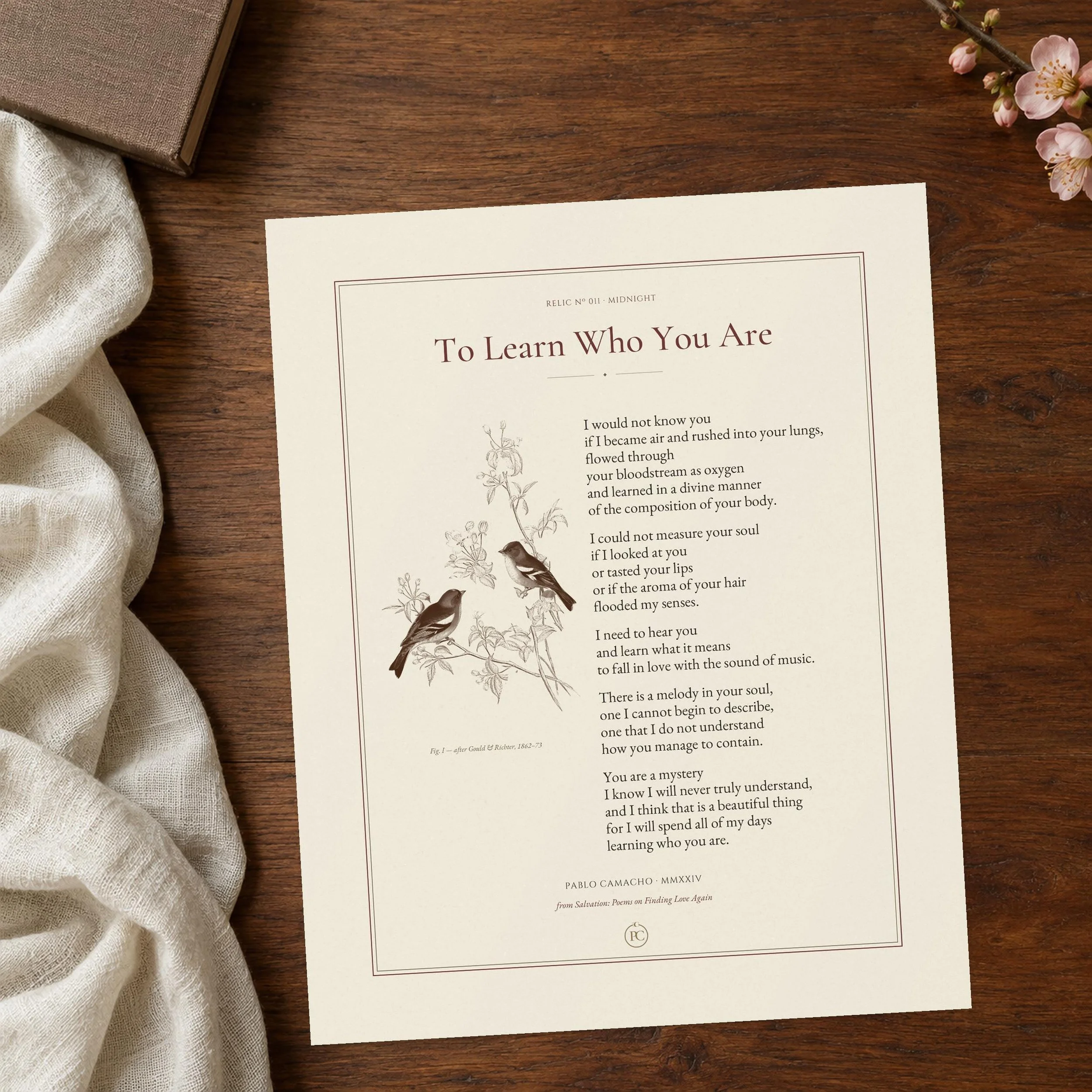 To Learn Who You Are poem print on textured fine-art paper, with two chaffinches after John Gould