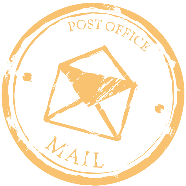 A circular stamp with a postal theme, featuring an envelope icon in the center. The stamp is beige with black background, and the words 'POST OFFICE MAIL' are written around the top and bottom edges.