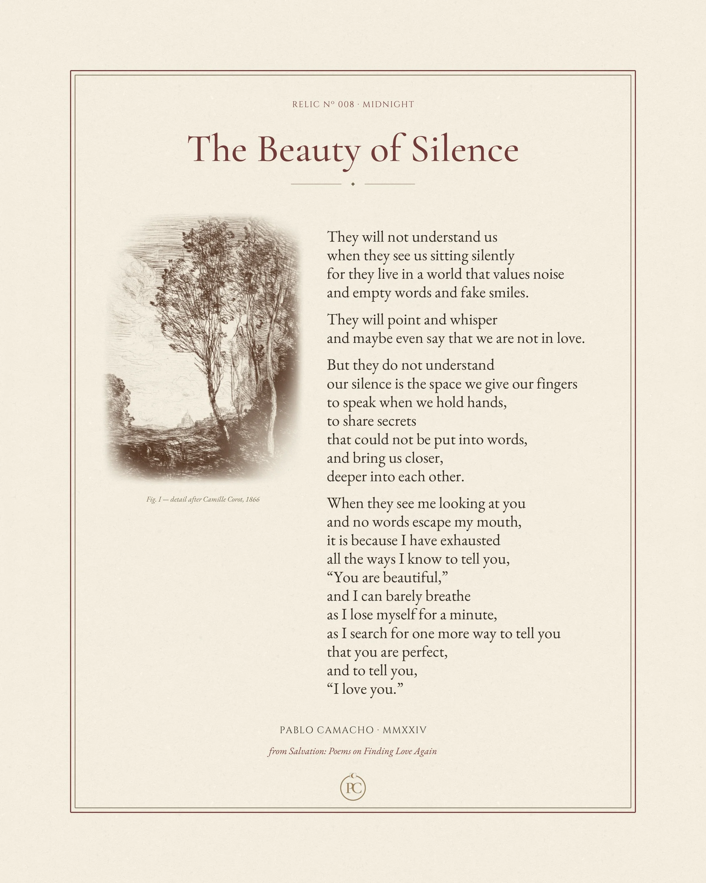 The Beauty of Silence poetry print by Pablo Camacho, full sheet with two trees in a quiet landscape