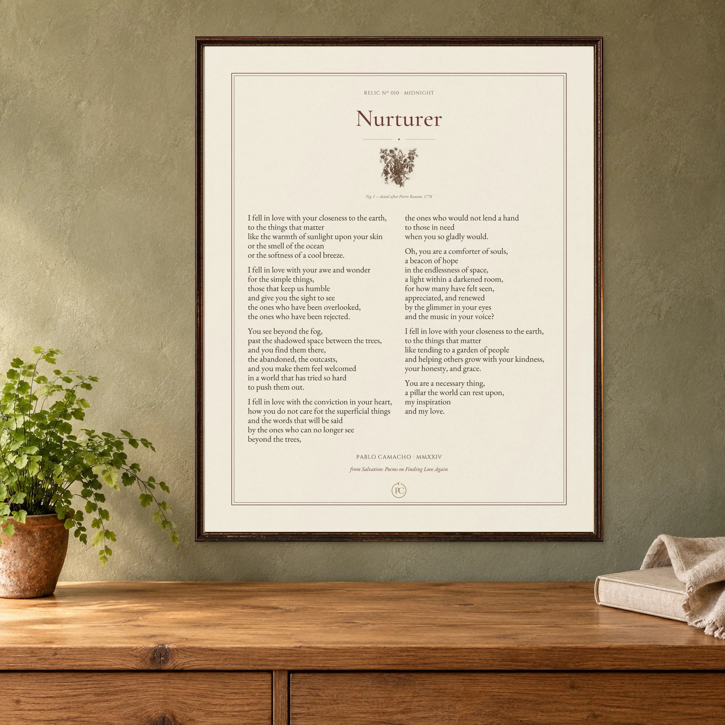 Nurturer poetry print with an 18th-century garden trophy illustration, framed on a sage wall above a wooden dresser