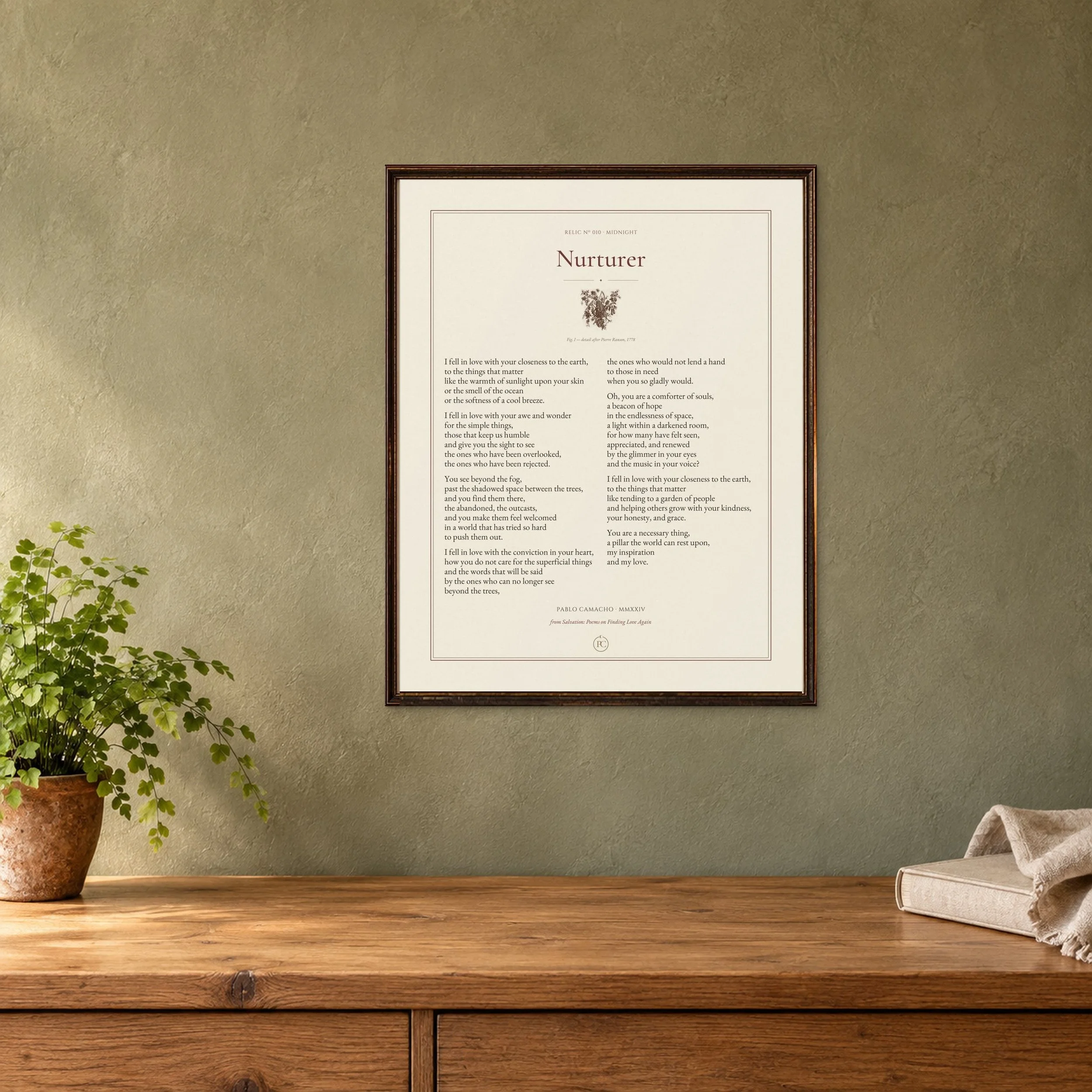 Nurturer 11 × 14 poetry print in a dark wood frame