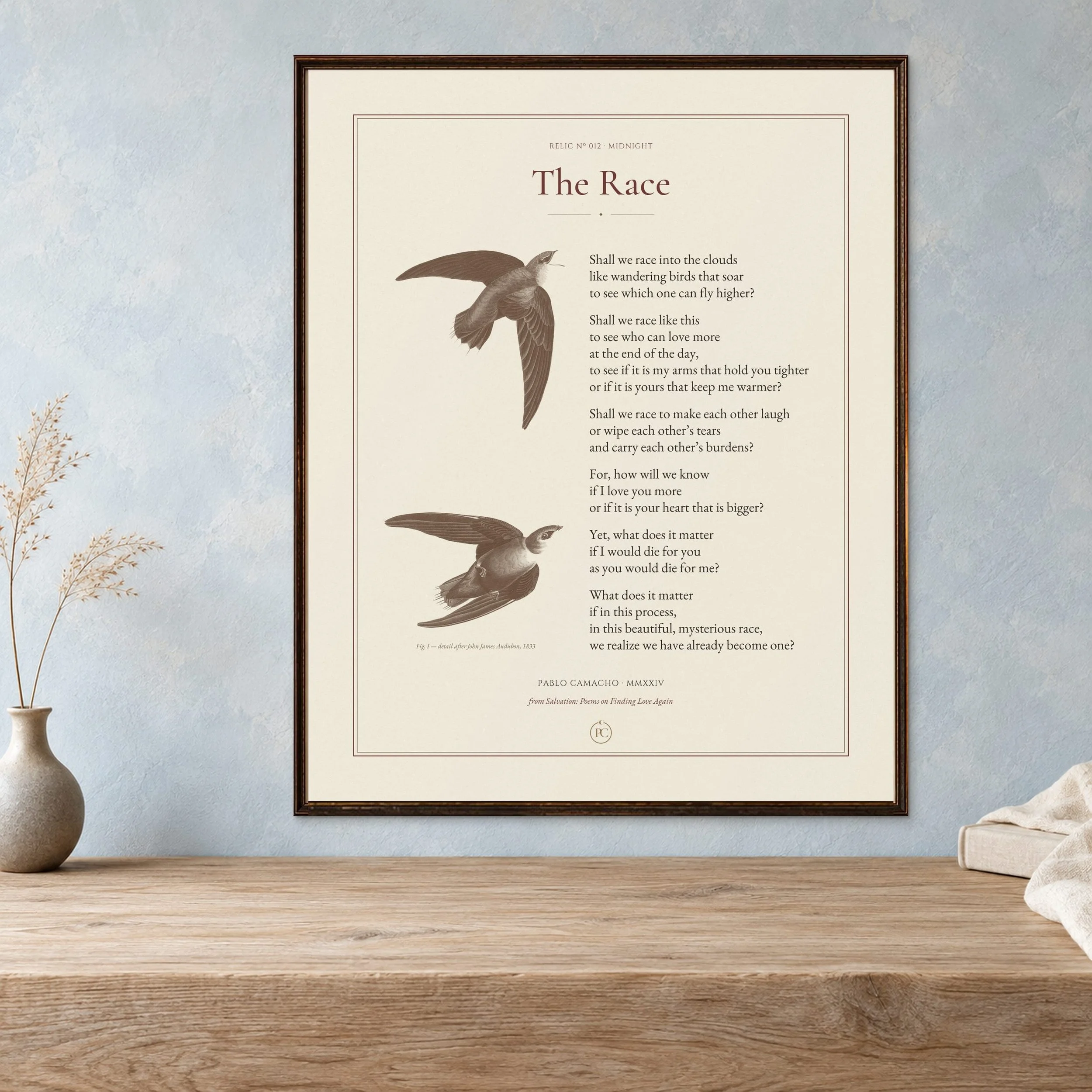 The Race poetry print with two swifts in flight, framed on a pale blue wall above a light oak shelf