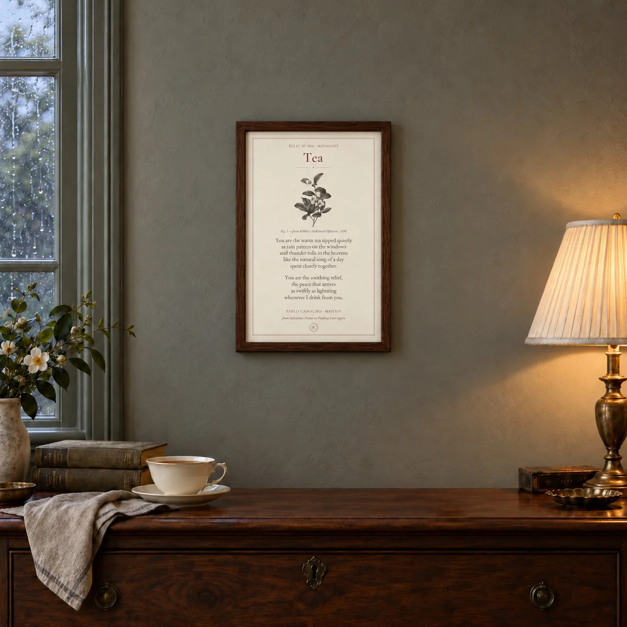 Tea poetry print with a vintage tea-plant botanical illustration, in a dark walnut frame, 8x10