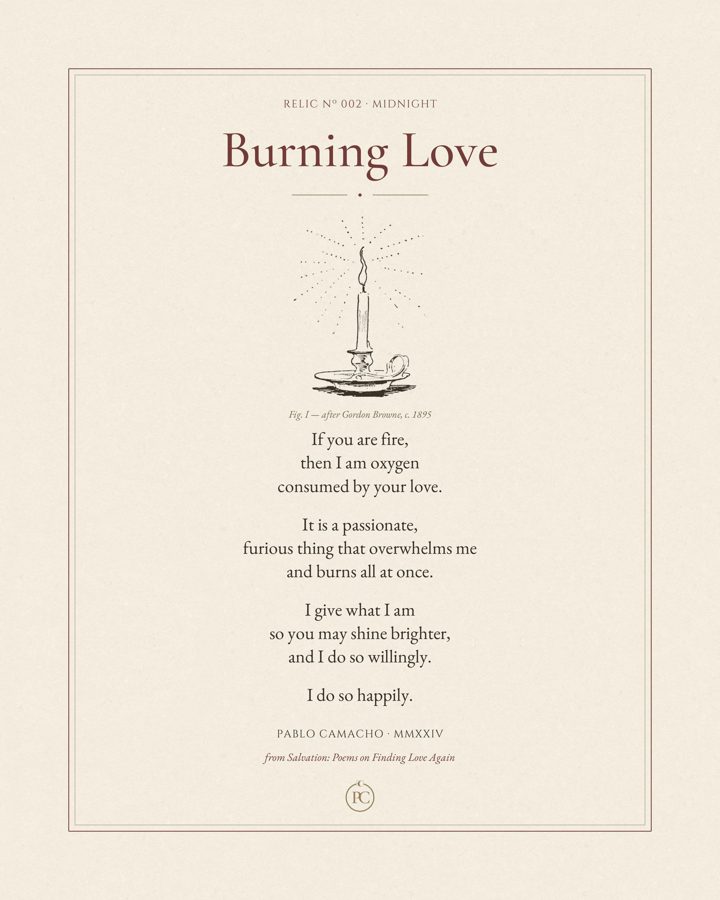 Burning Love poem by Pablo Camacho, full print with a vintage candle illustration