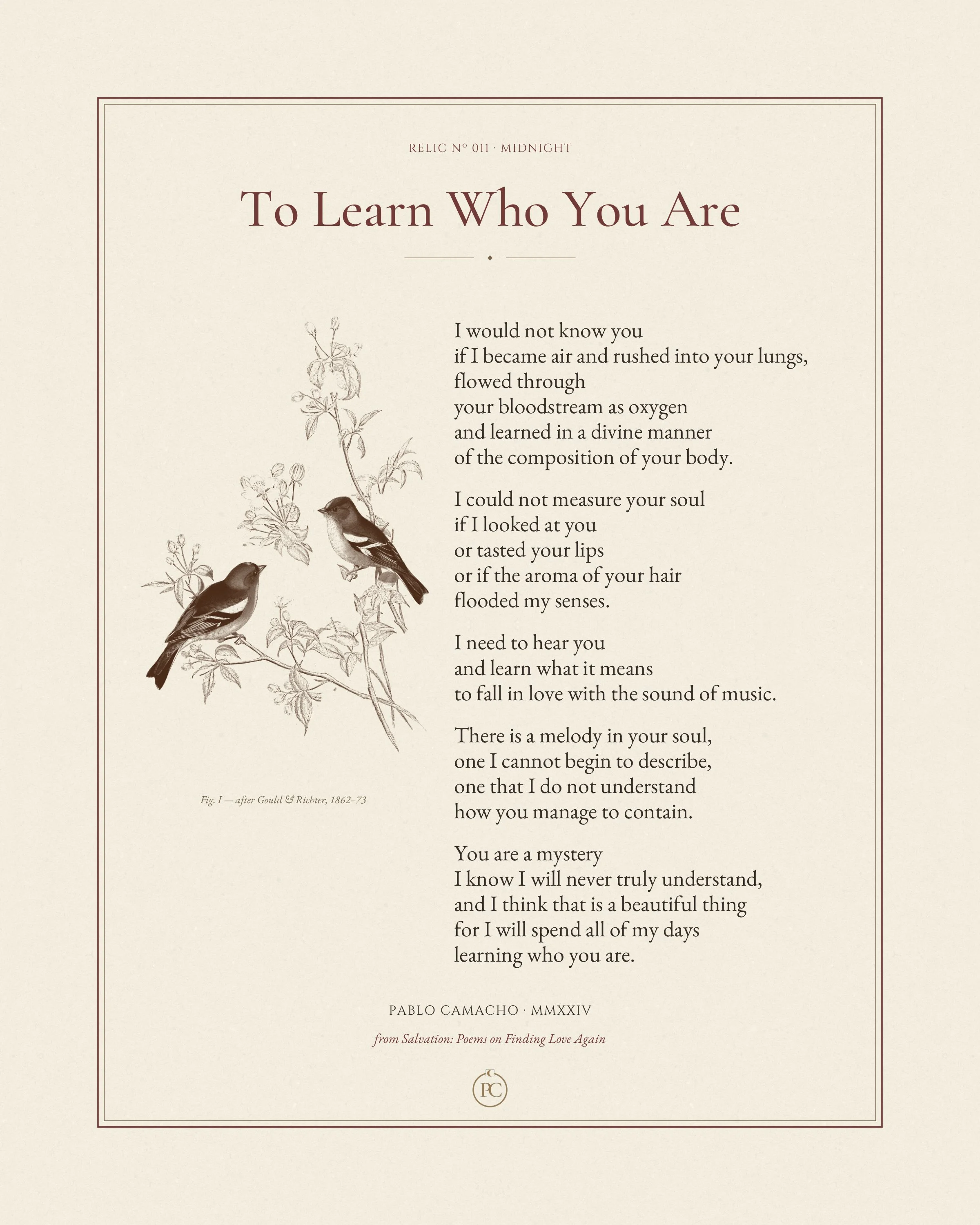 To Learn Who You Are poetry print by Pablo Camacho, full sheet with Victorian songbirds and blossoms