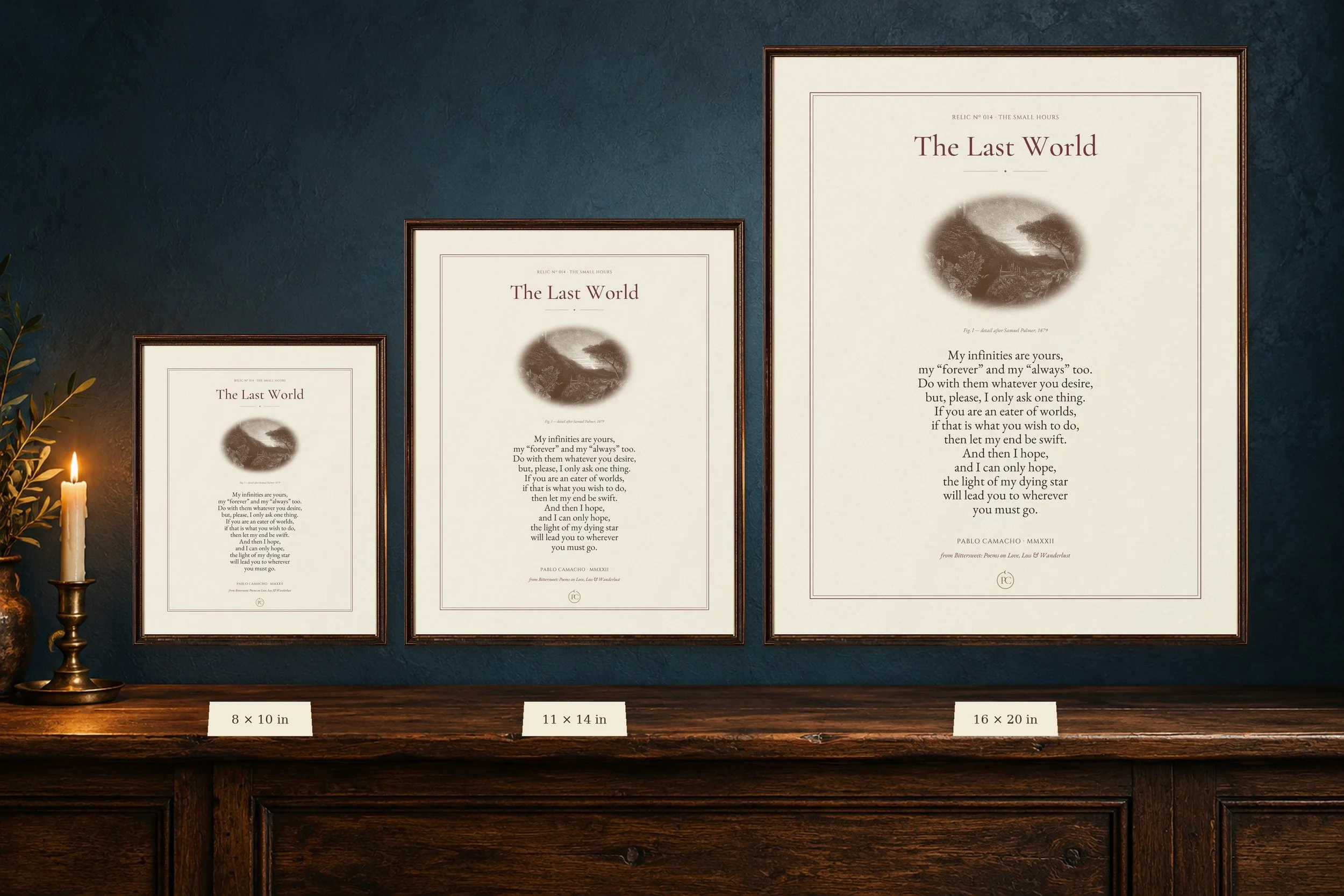The Last World poetry print shown in 8 × 10, 11 × 14 and 16 × 20 sizes