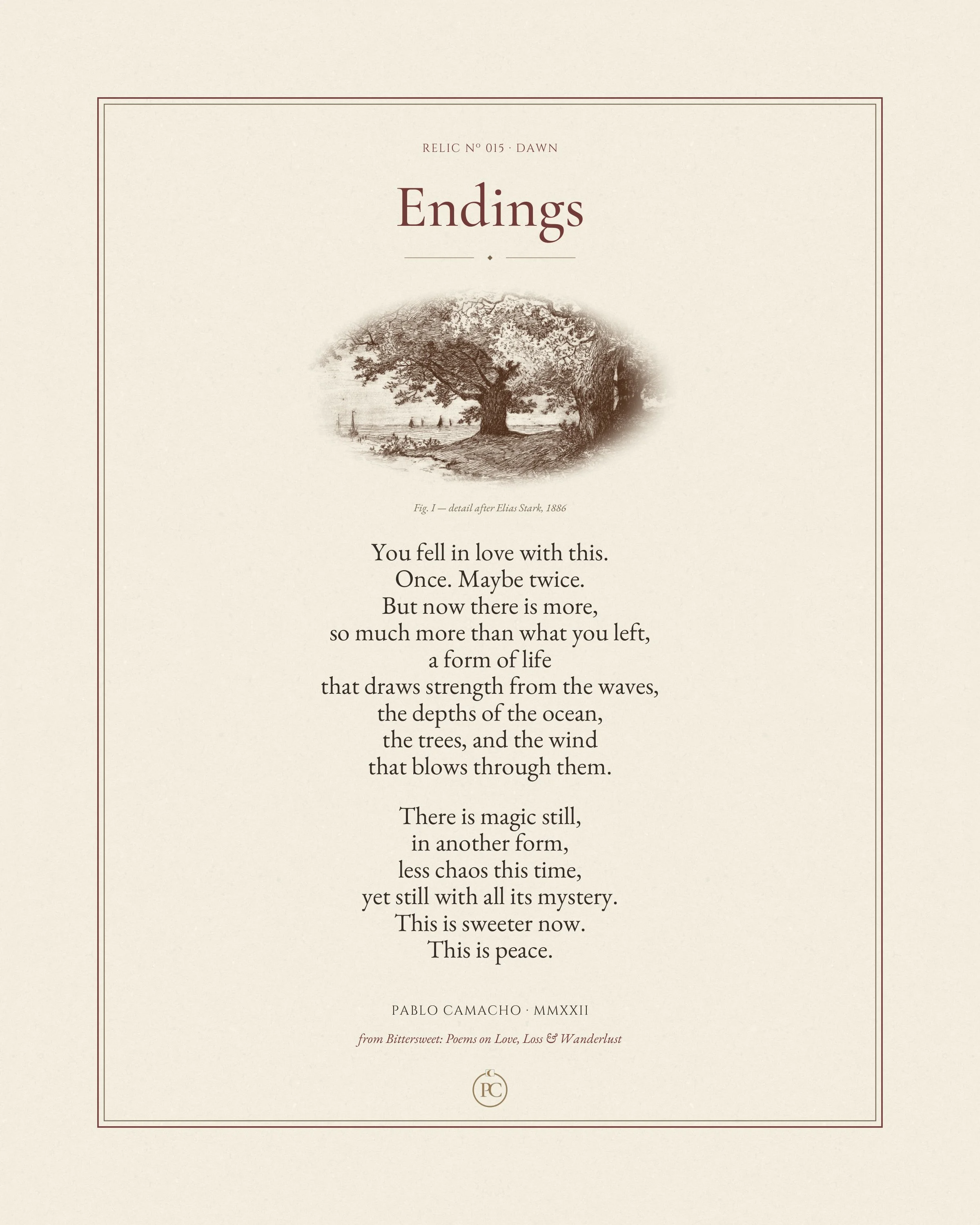 Endings poetry print by Pablo Camacho, full sheet with old trees, a beach and sailboats at sea