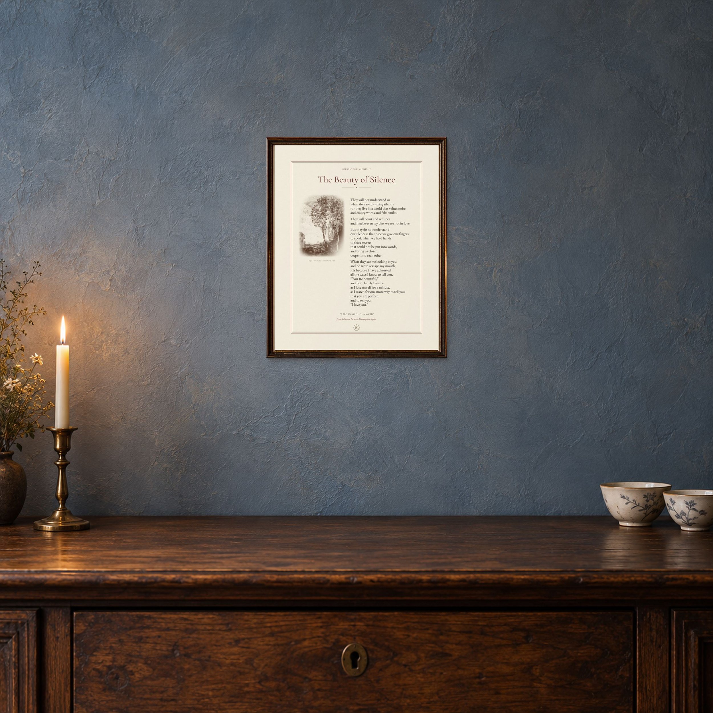 The Beauty of Silence 8 × 10 poetry print in a small antique frame
